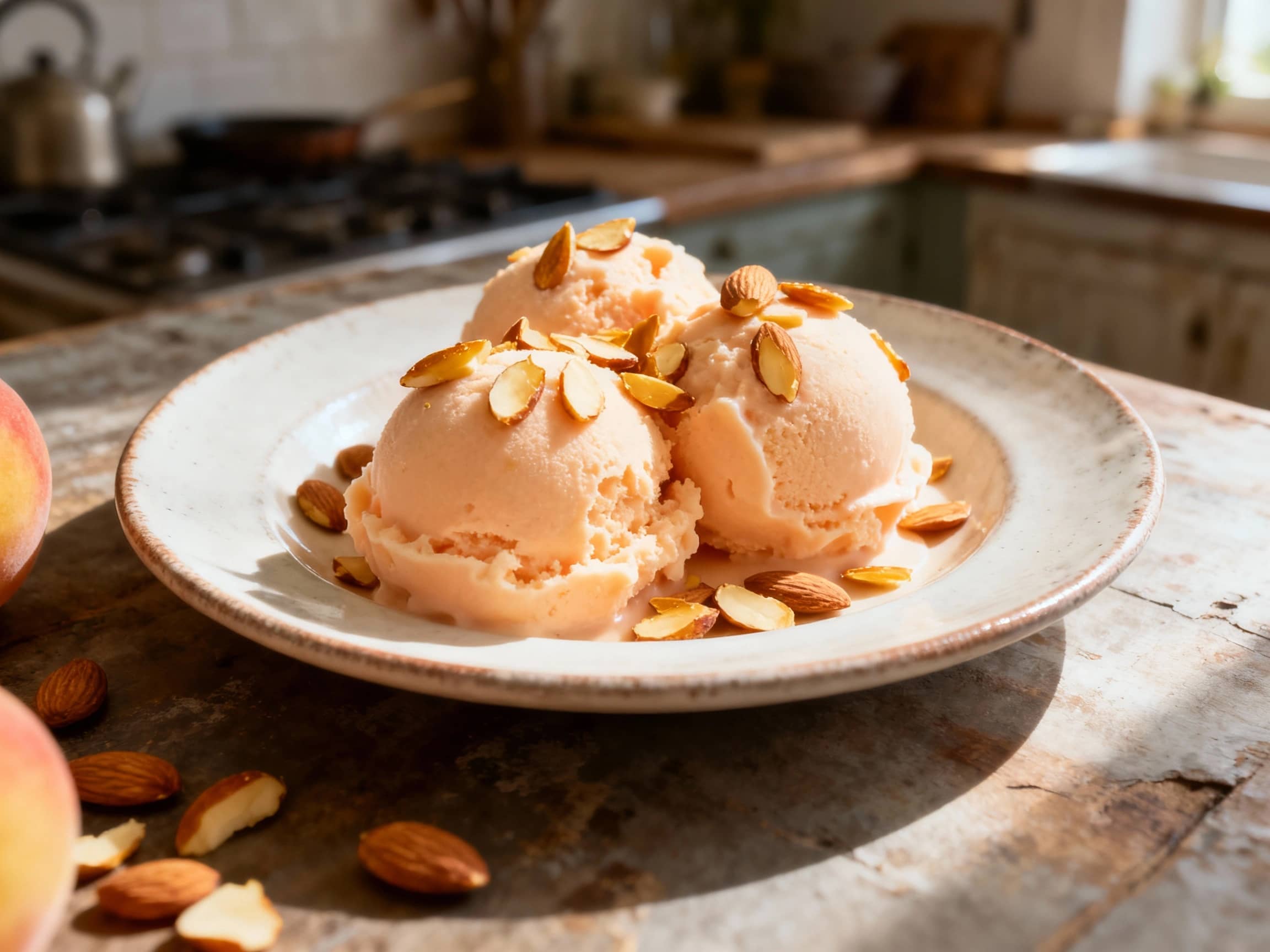 Maltese peach sorbet, a soft pink swirl in a clear glass bowl, is topped with a generous scattering of golden toasted slivered almonds.