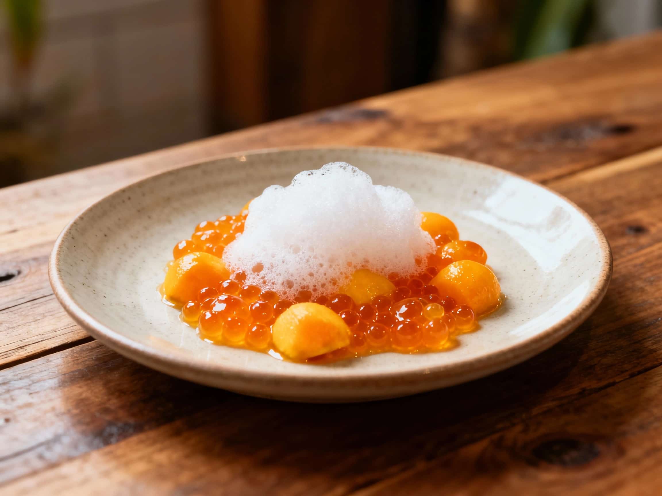Delicate spheres of mango and passionfruit caviar glisten atop a cloud of airy coconut foam, creating a tropical and elegant dessert presentation.