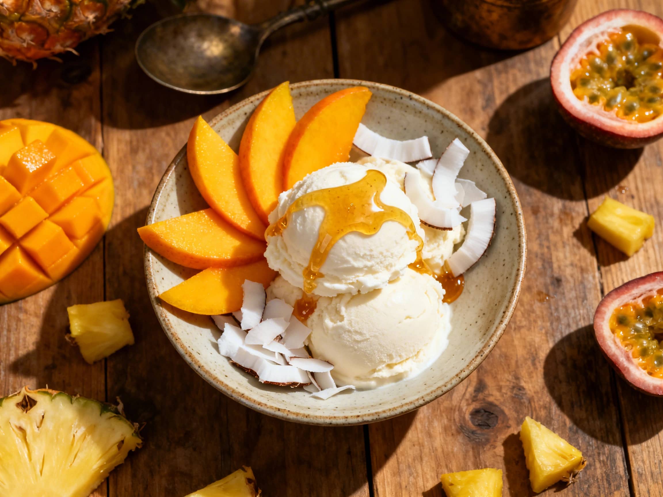 A vibrant orange scoop of mango coconut frozen yogurt is artfully presented in a clear glass bowl, garnished with a sprig of fresh mint and a thin slice of bright green lime. The frozen yogurt has a luxuriously smooth and creamy texture, resting on a clean, light surface, evoking a refreshing and tropical ambiance.