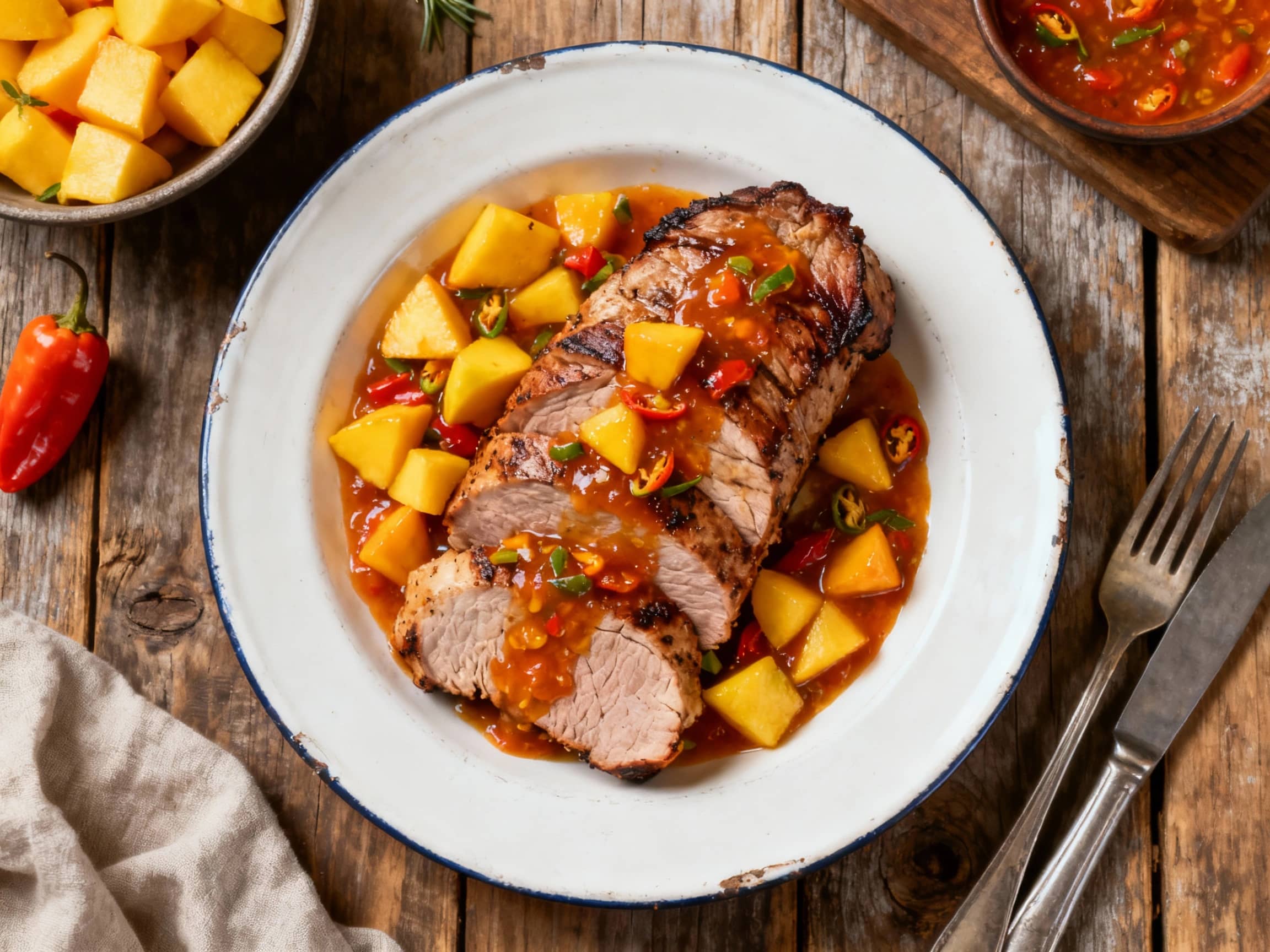 Juicy, grilled pork tenderloin with a glistening amber glaze is artfully sliced and fanned out on a rustic wooden board, garnished with vibrant green cilantro and slivers of fresh mango.