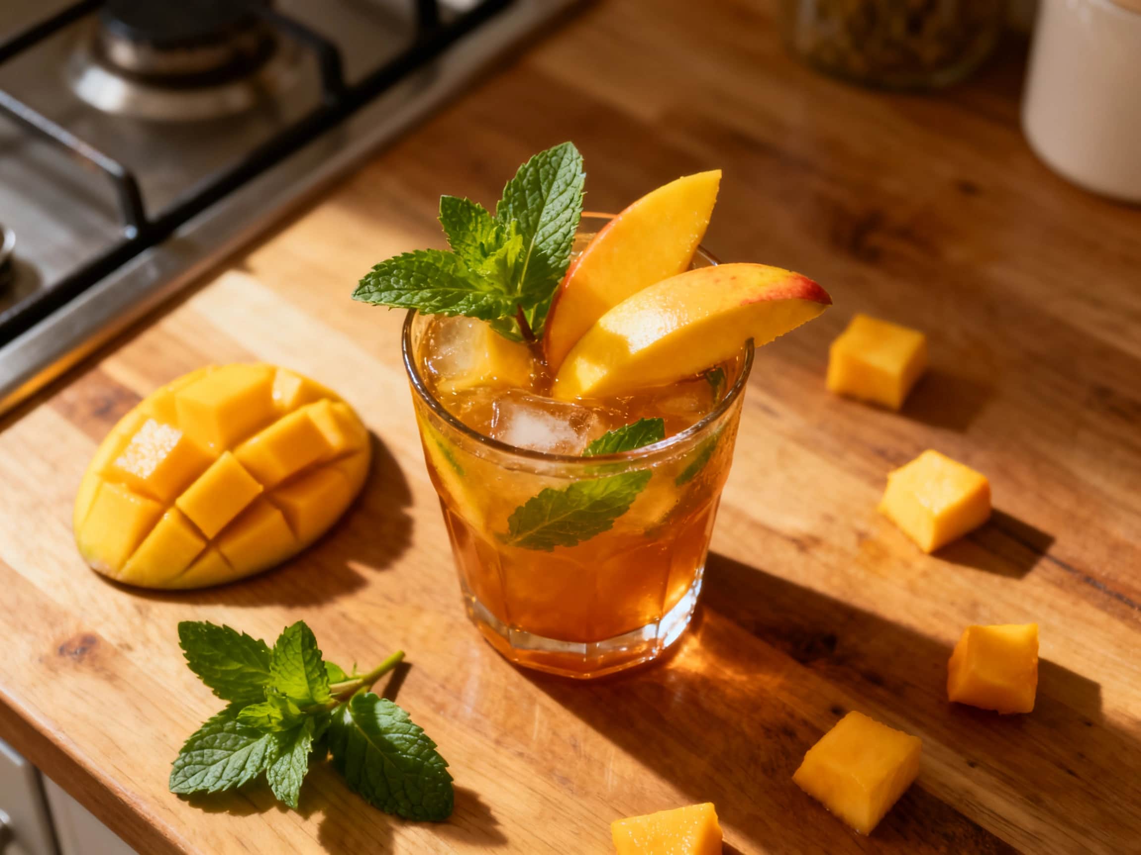 A vibrant Mango Mojito Delight cocktail fills a tall glass, bursting with the colors of fresh mango and mint. Crushed ice twinkles, and a perfectly ripe mango slice and a green mint sprig adorn the rim, hinting at a sweet, tangy, and utterly tropical escape.