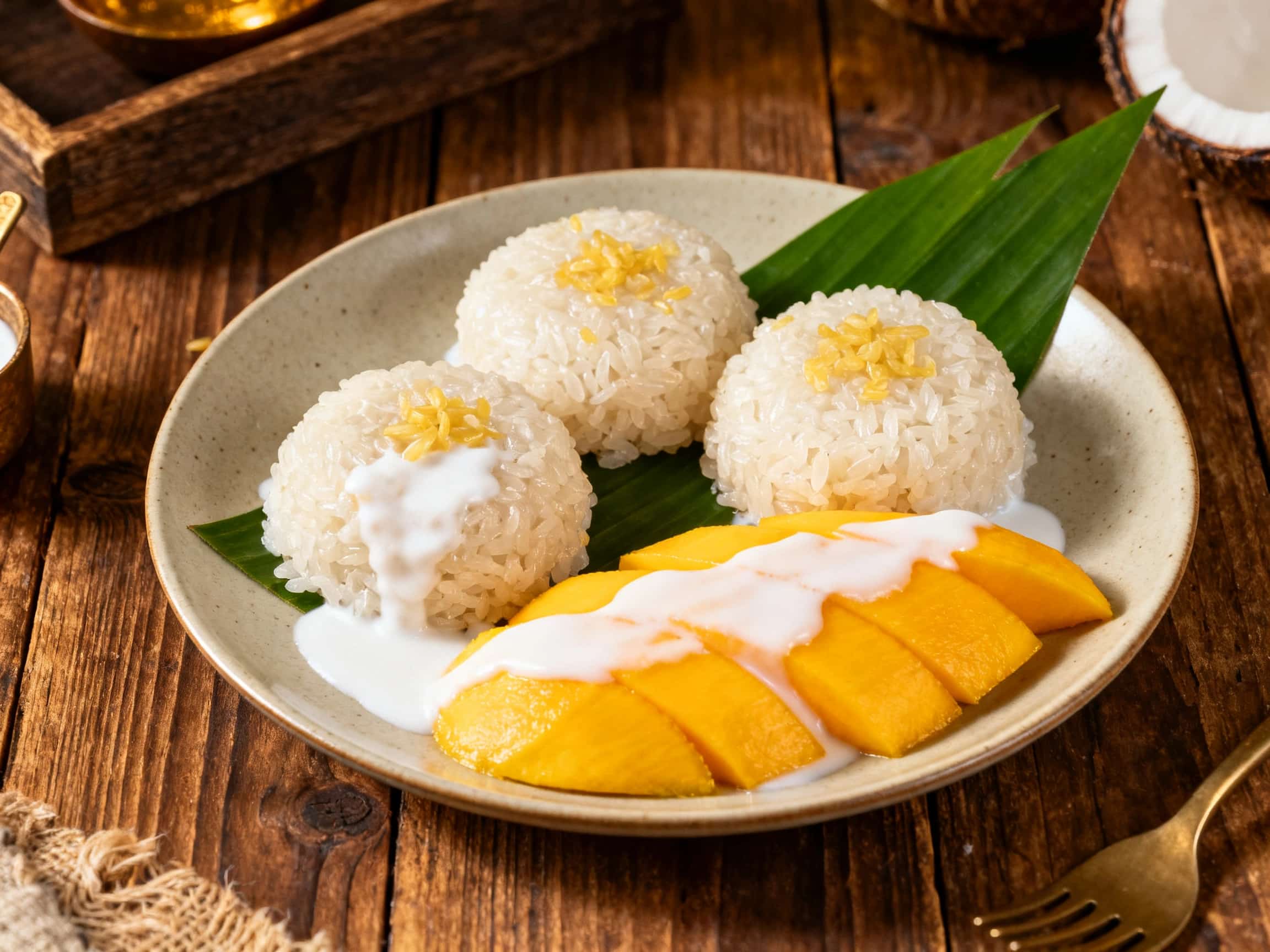 Three perfectly formed, round Mango Sticky Rice Dumplings sit on a pristine white ceramic plate. Each dumpling has a soft, slightly translucent skin, revealing a bright yellow mango filling. A luscious, white coconut cream sauce is generously drizzled over and around the dumplings, creating shiny pools. Golden toasted sesame seeds are scattered on top, adding a textural contrast. The setting is wa