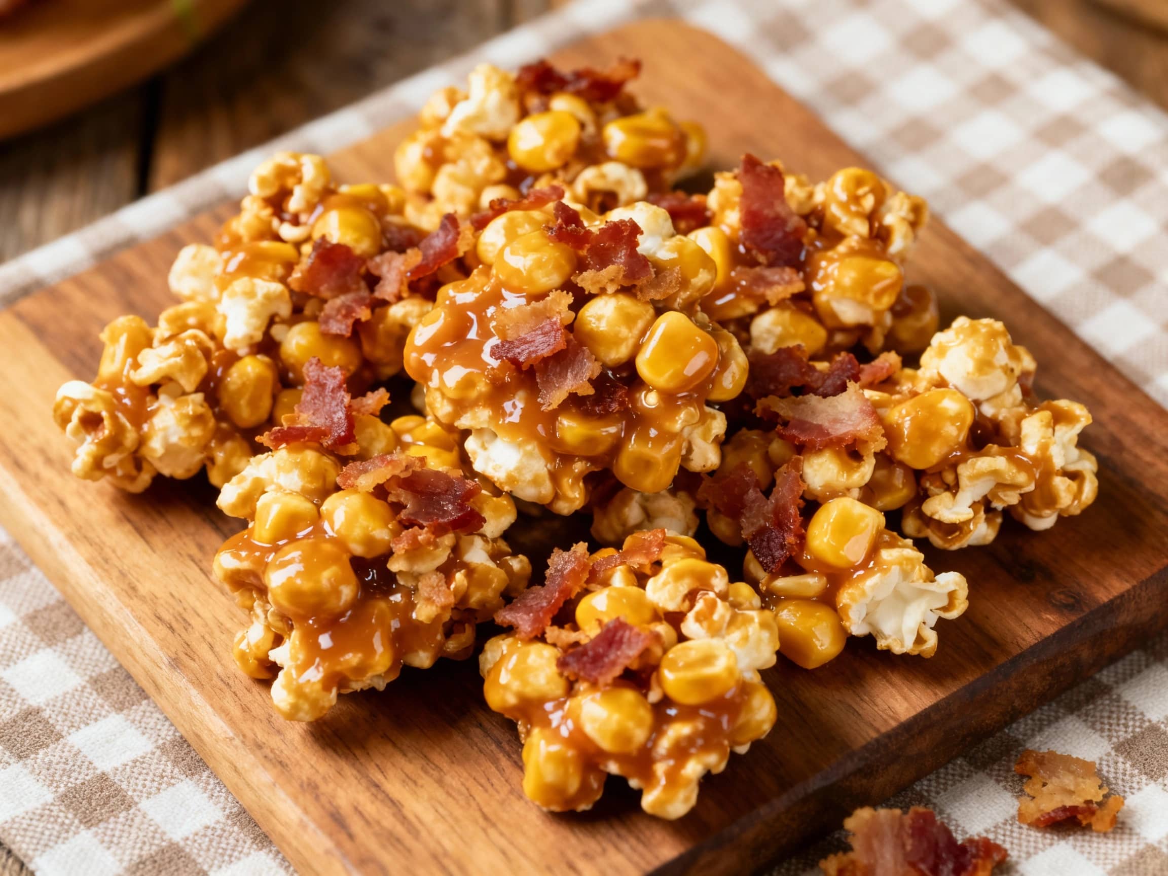 Golden brown caramel corn clusters are generously studded with crispy bacon pieces and drizzled with maple syrup, creating a tempting sweet and savory treat.