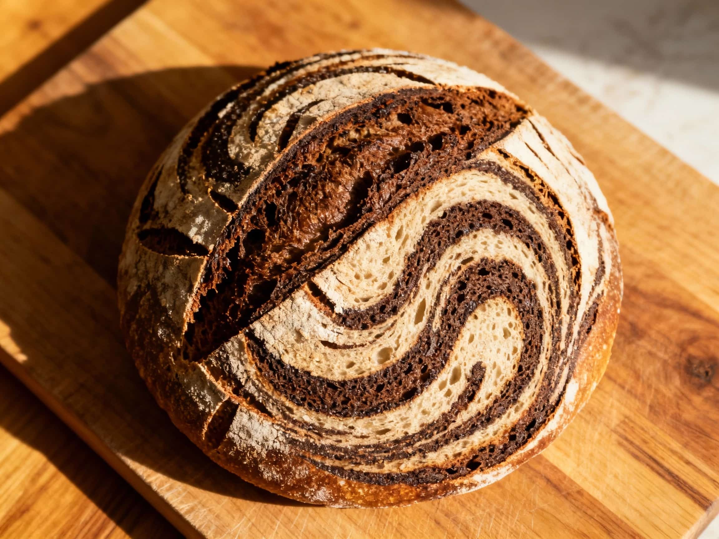 A rustic Marbled Rye Sourdough Loaf, freshly baked and sliced, showcasing its intricate swirl pattern of dark rye and light sourdough. The crust is golden-brown and chewy, speckled with caraway seeds. It rests on a wooden board, ready to be served, evoking a sense of artisanal craftsmanship and cozy warmth.