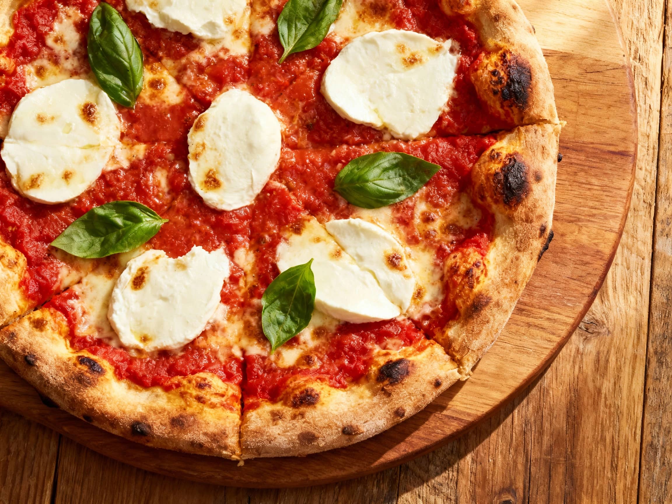 A stunning, freshly baked New York-style Margherita pizza sits on a wooden pizza peel. The pizza boasts a classic thin crust with a beautifully golden and slightly charred edge, indicative of high-heat baking. The surface is adorned with vibrant red tomato sauce, creamy melted fresh mozzarella, and aromatic bright green basil leaves. The cheese has achieved a delightful bubbly texture with pockets