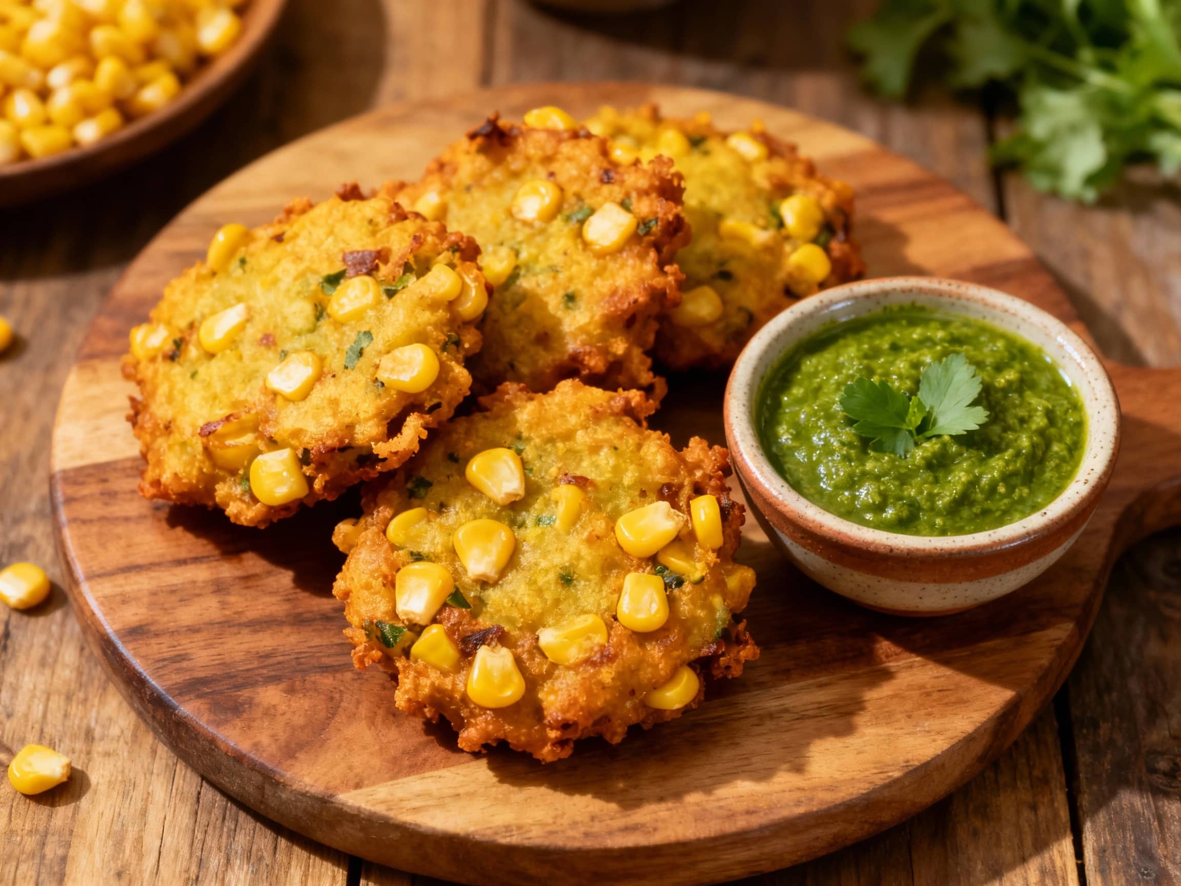 Golden-brown, crispy masala corn fritters speckled with spices are artfully arranged on a white plate, glistening slightly under soft light, with a vibrant green chutney dipping sauce beside them.
