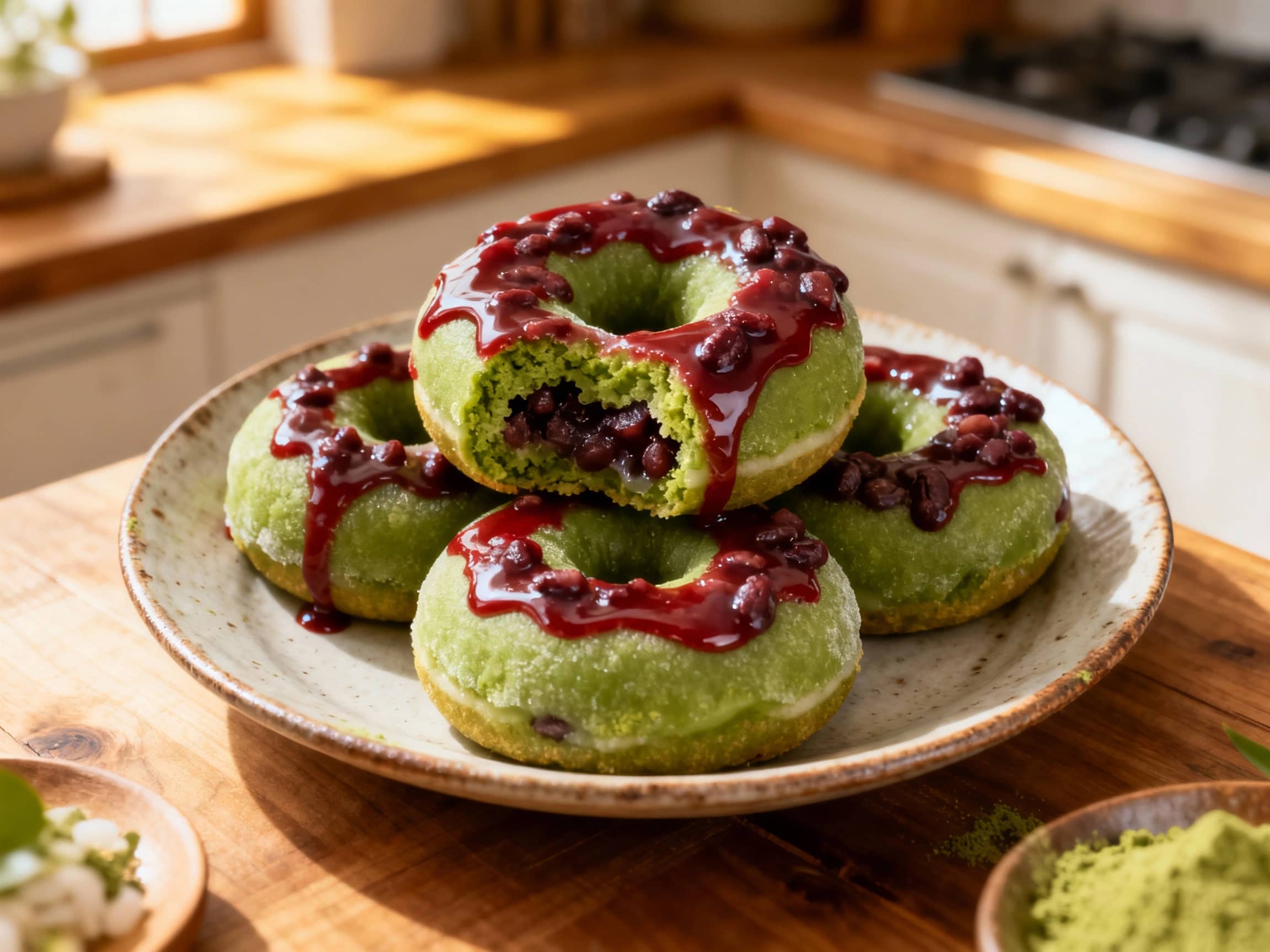 Several vibrantly green matcha mochi donuts, topped with a smooth, deep red bean glaze, are arranged on a rustic wooden board. The glaze glistens under a soft light, highlighting the unique, chewy texture of the donuts. The scene evokes a delicious, artfully presented dessert with traditional Asian flavors, perfect for a sweet street eat offering.