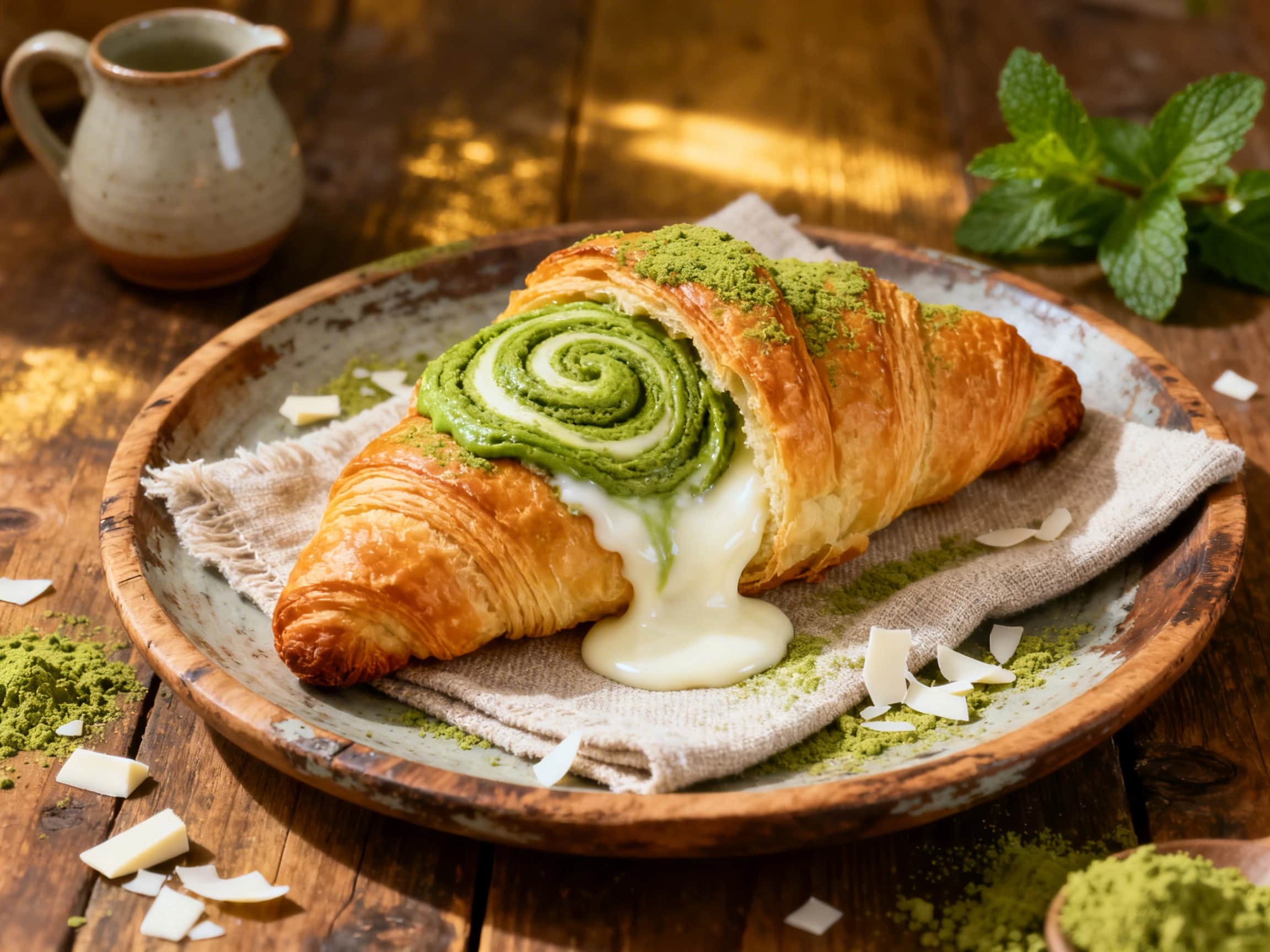 Four exquisitely baked, golden-brown matcha white chocolate croissants displayed on a rustic wooden board. One croissant is split open, showcasing its green-tinted interior dough, rich flaky layers, and melted white chocolate filling. A delicate dusting of powdered sugar and a hint of green matcha powder rests on their surfaces, suggesting a refined, gourmet pastry experience, perfect for a cozy m