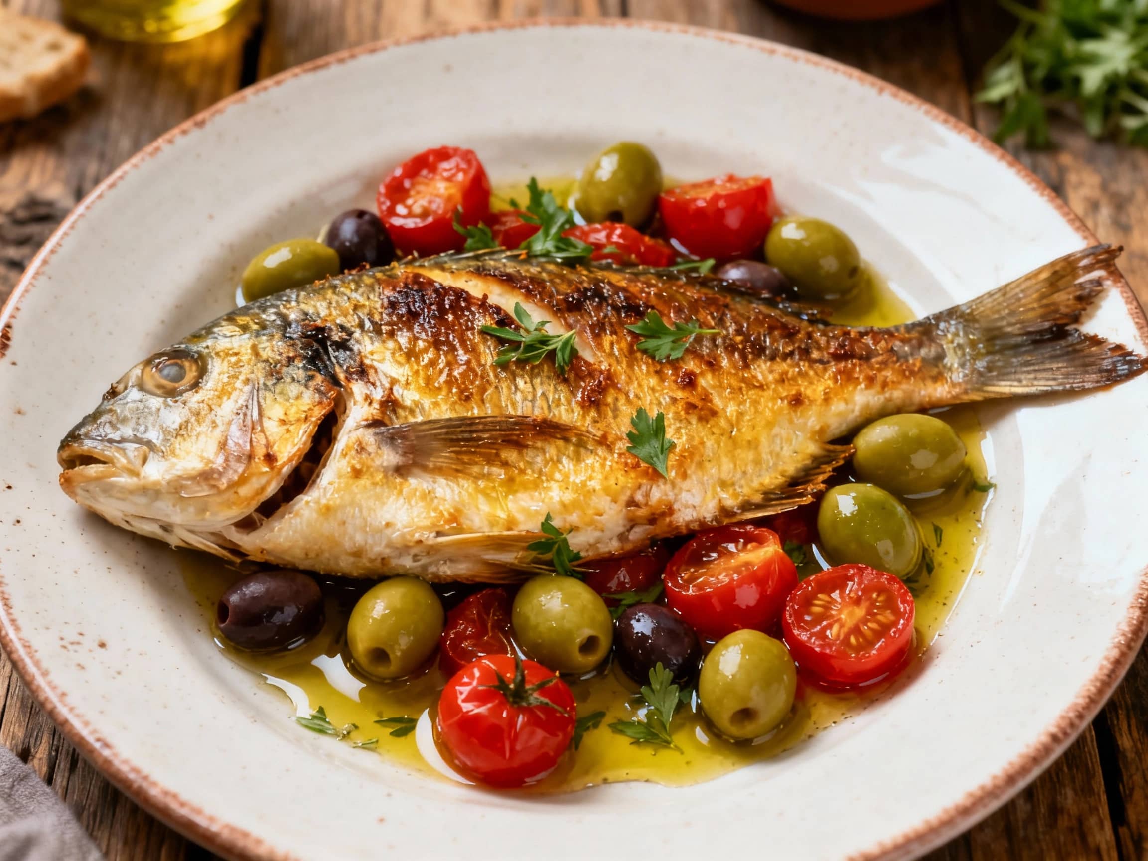 A beautifully presented whole baked sea bream lies on a rustic ceramic platter, surrounded by brightly colored halved cherry tomatoes and rich, dark Kalamata olives. The fish has a golden-brown skin, shiny with olive oil, and is garnished with fresh green oregano sprigs. The scene evokes a fresh Mediterranean meal, ready to be enjoyed.