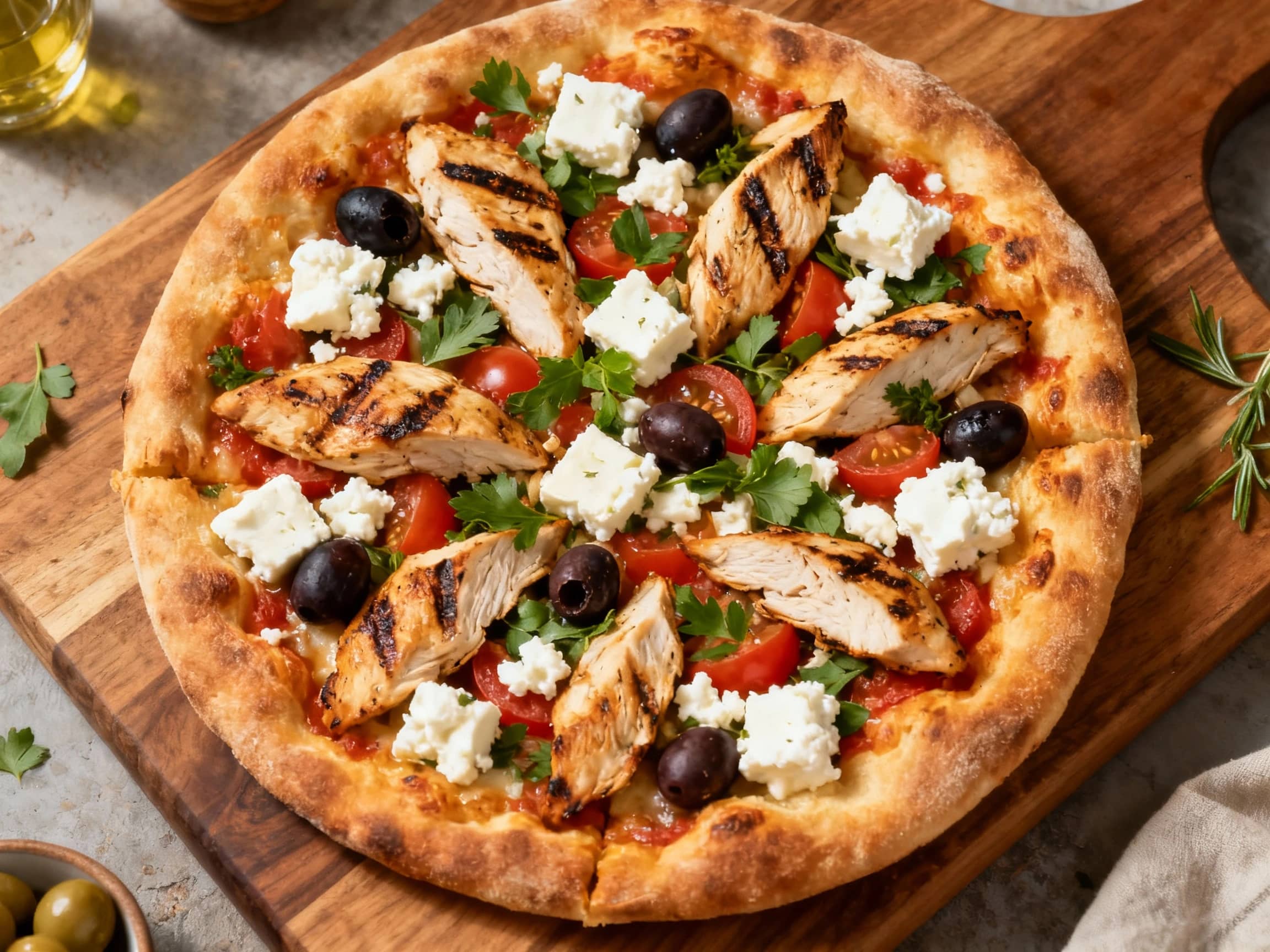 A golden-brown Greek pizza is topped with seasoned chicken, colorful bell peppers, red onion, and Kalamata olives, all drizzled with a creamy tzatziki sauce and fresh parsley.