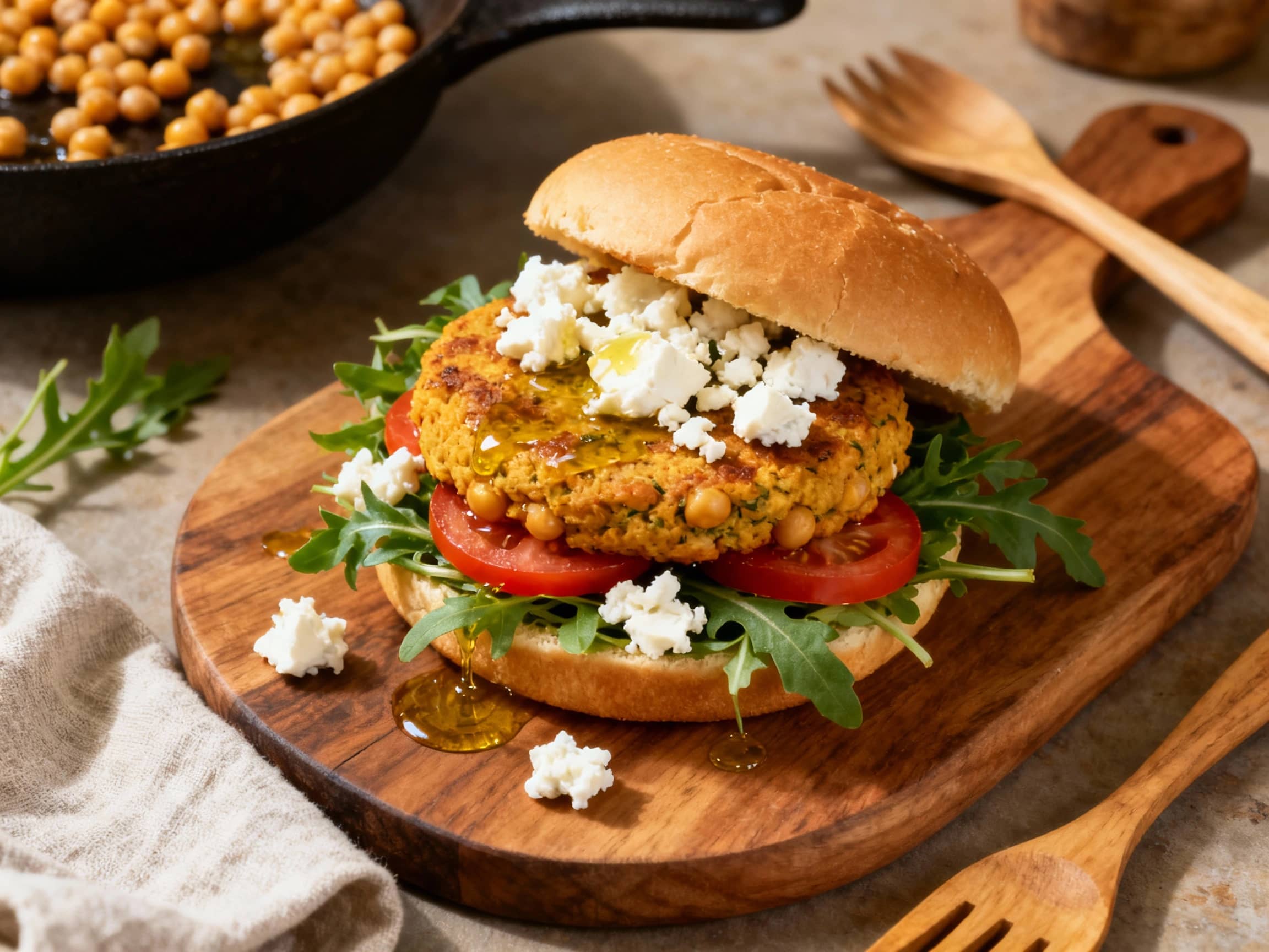 A close-up of a fully assembled Mediterranean Chickpea and Feta Burger, featuring a thick, golden-brown patty on a toasted brioche bun. It's generously topped with a dollop of white tzatziki sauce, fresh green parsley, and bright red tomato slices. The burger looks appealing and ready to eat, presented in a soft, warm light against a subtly blurred Mediterranean-inspired backdrop.
