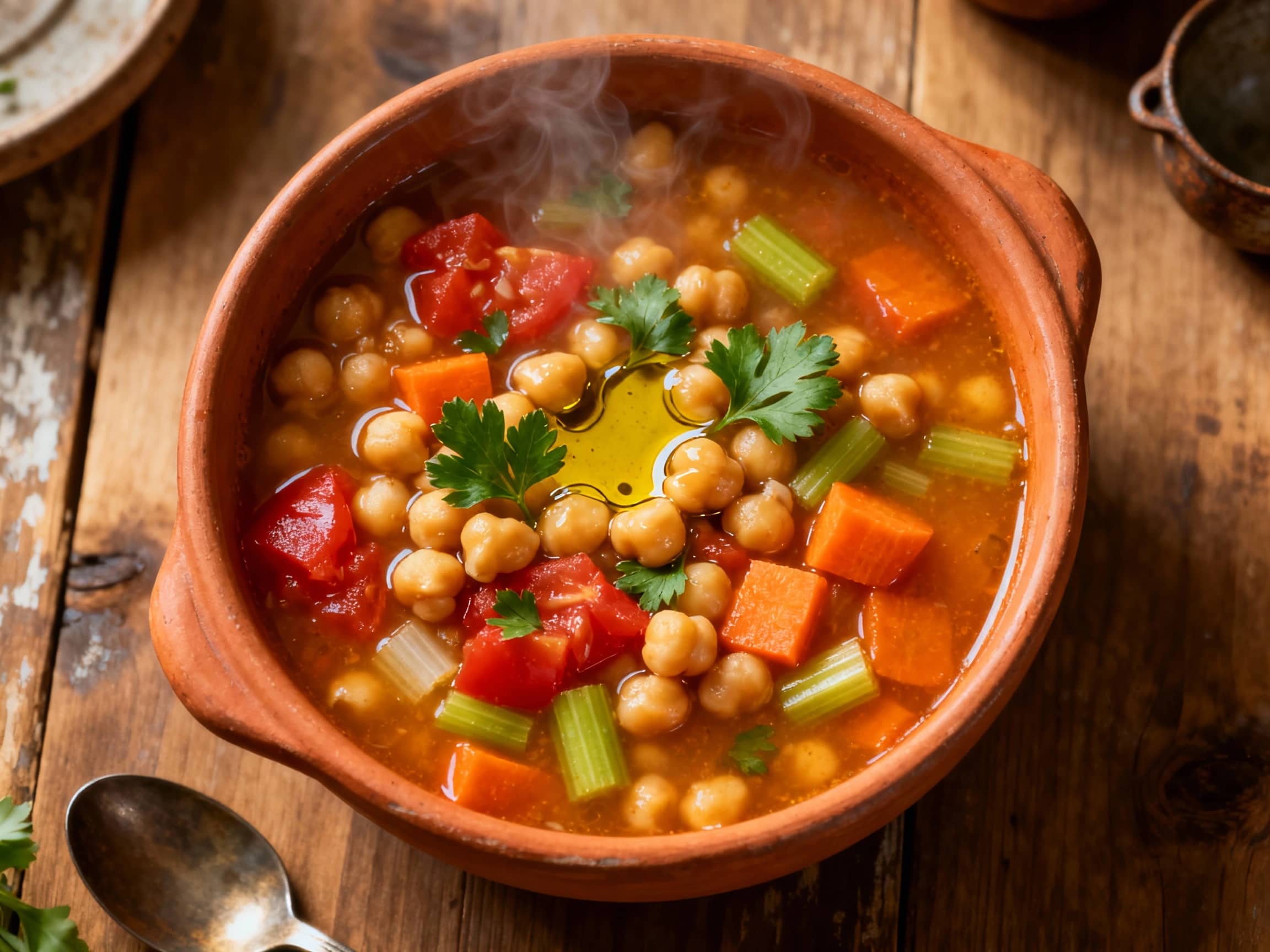 A heartwarming Mediterranean Chickpea and Vegetable Soup in a rustic ceramic bowl, brimming with visible colorful vegetables such as diced red bell peppers, zucchini, and chickpeas. Fresh parsley garnishes the top, and a lemon wedge sits on the rim, evoking a fresh, wholesome, and comforting meal perfect for a healthy dinner.