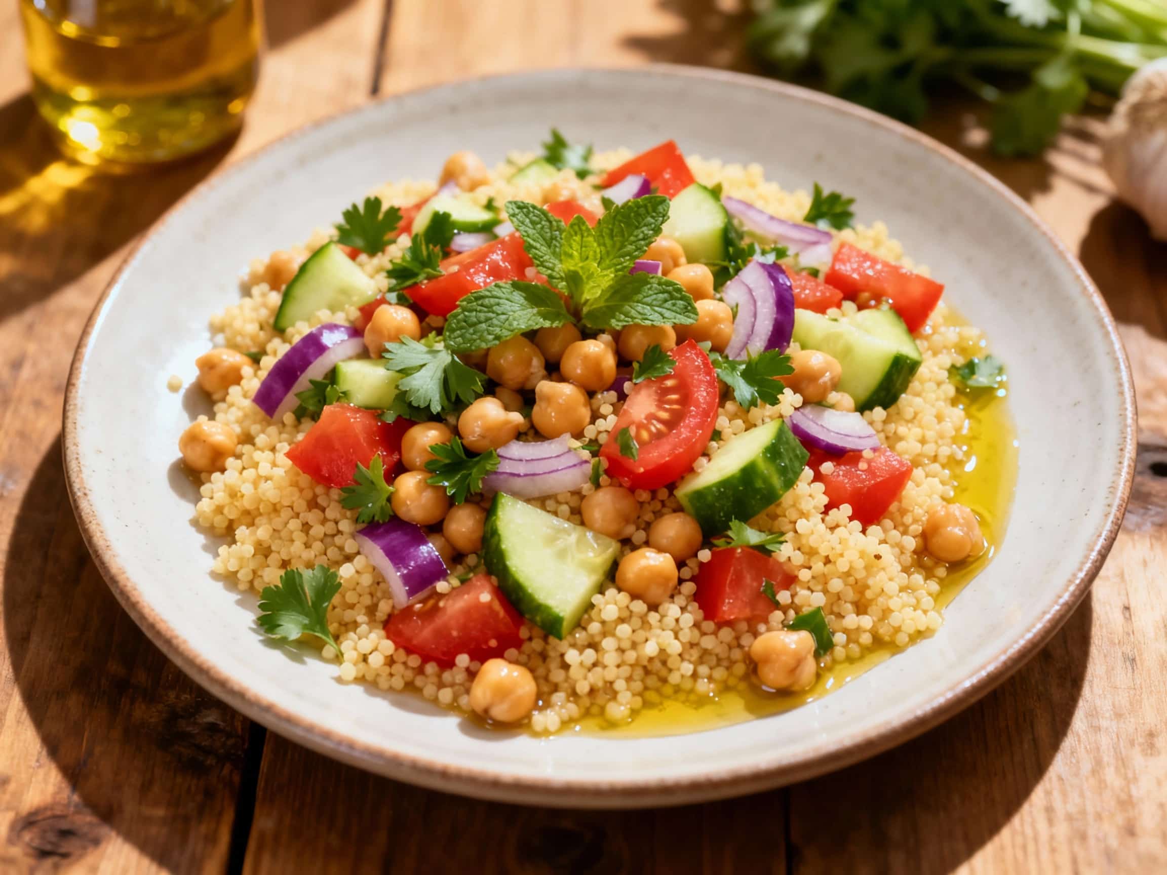 A vibrant Mediterranean couscous salad is generously portioned in a white bowl, showcasing fluffy couscous studded with plump chickpeas, colorful chopped bell peppers, and fresh parsley, all glistening under bright, natural light.