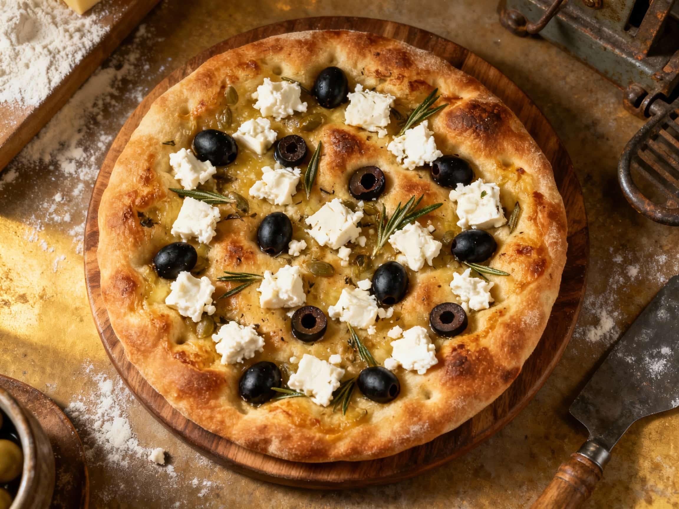 A rustic feta and olive focaccia pizza, glistening with olive oil, is sliced and ready to be enjoyed, showcasing its bubbly, golden-brown crust.