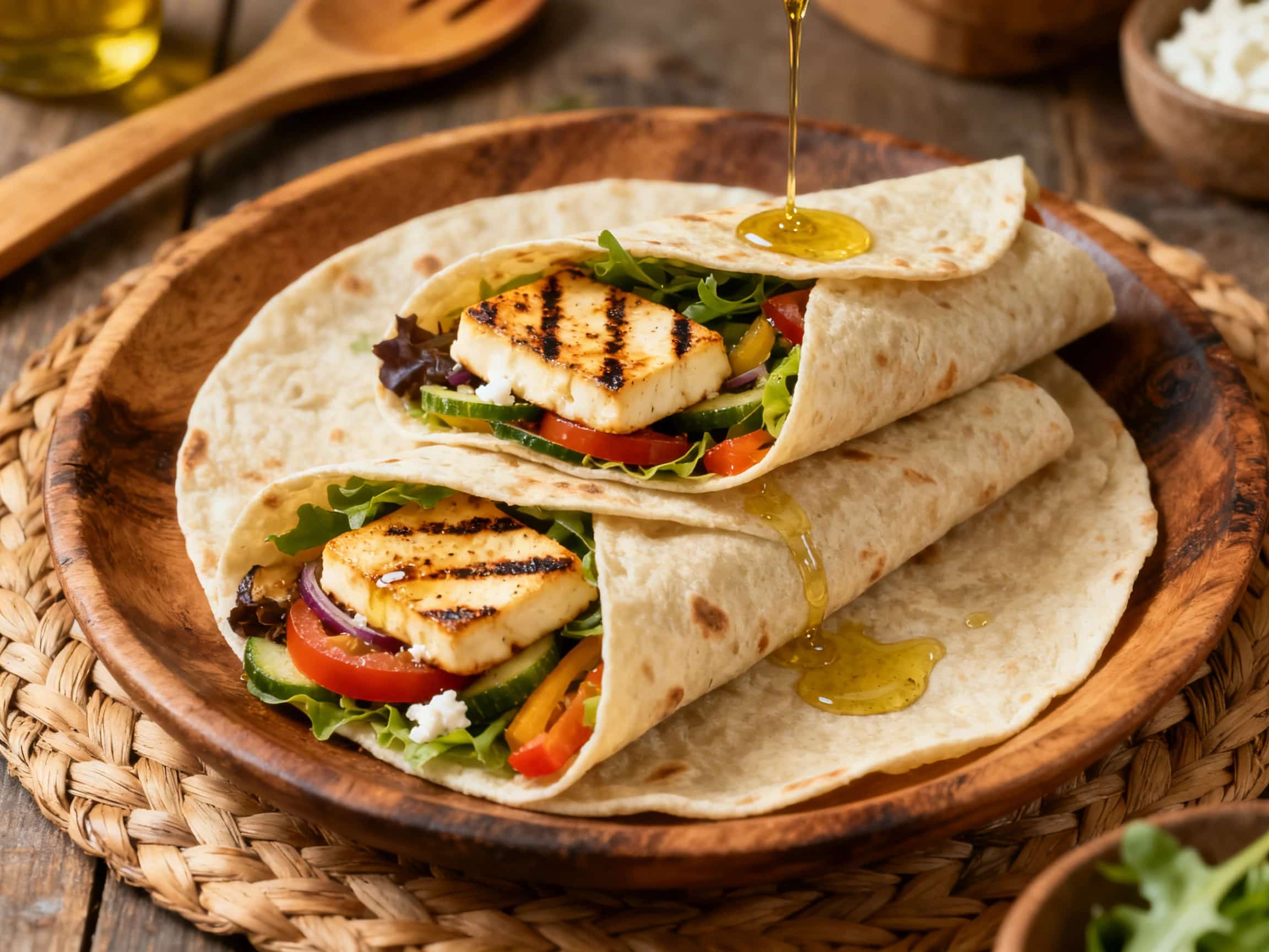 An inviting open Mediterranean Halloumi and Veggie Wrap, showcasing perfectly grilled halloumi cheese and a vibrant medley of roasted bell peppers, zucchini, and red onion tossed in a zesty lemon-herb vinaigrette. A visible dollop of creamy tzatziki adds a refreshing touch. The wrap is gently resting on a rustic wooden board, with some of its rich, colorful fillings peeking out, evoking a sense of