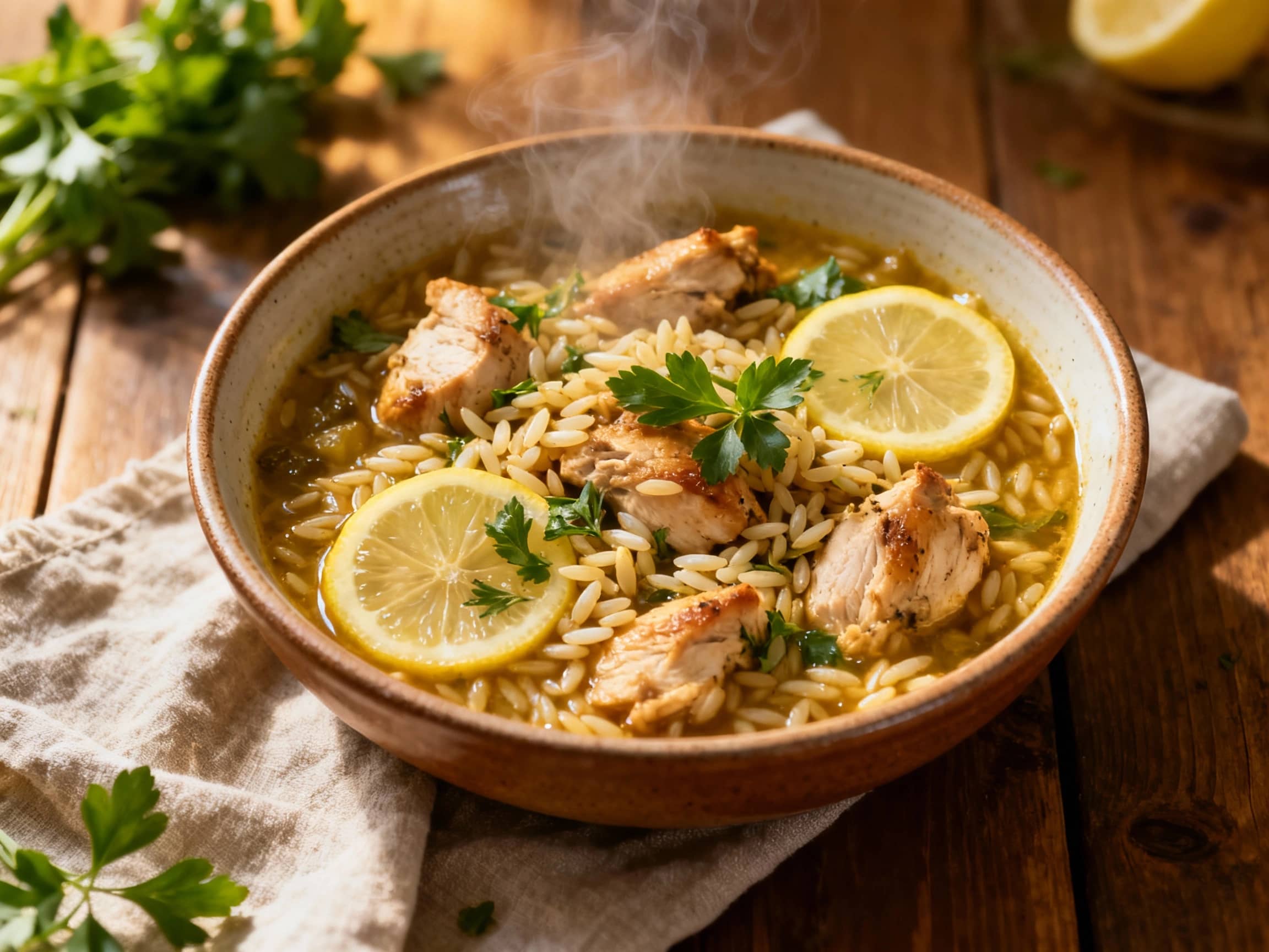 An overhead view of a steaming bowl of Mediterranean Lemon Chicken Orzo Stew. The stew features tender chunks of chicken, vibrant orange bell peppers, green zucchini, and small, rice-shaped orzo pasta in a savory golden broth. A generous sprinkle of fresh, bright green parsley garnishes the top, and a light drizzle of olive oil creates a slight sheen. The rustic earthenware bowl sits on a distress