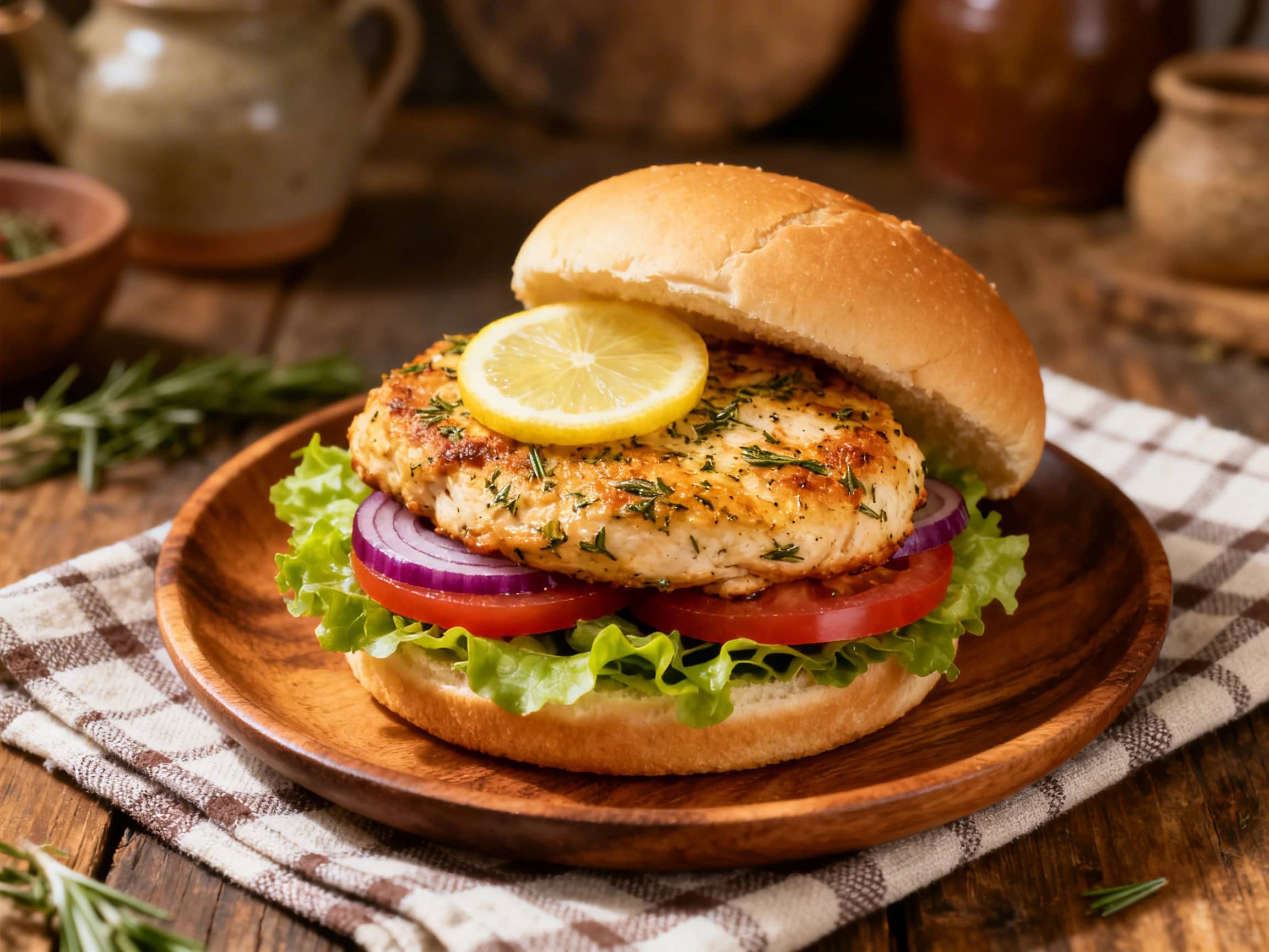 A beautiful Mediterranean Lemon Herb Chicken Burger on a wooden board. The burger features a grilled chicken patty, tzatziki sauce, lettuce, red tomato, and red onion, all nestled within a toasted brioche bun. A fresh lemon wedge garnishes the plate, suggesting a bright and flavorful meal. The focus is sharp on the burger, presenting its appealing textures and fresh ingredients against a softly bl