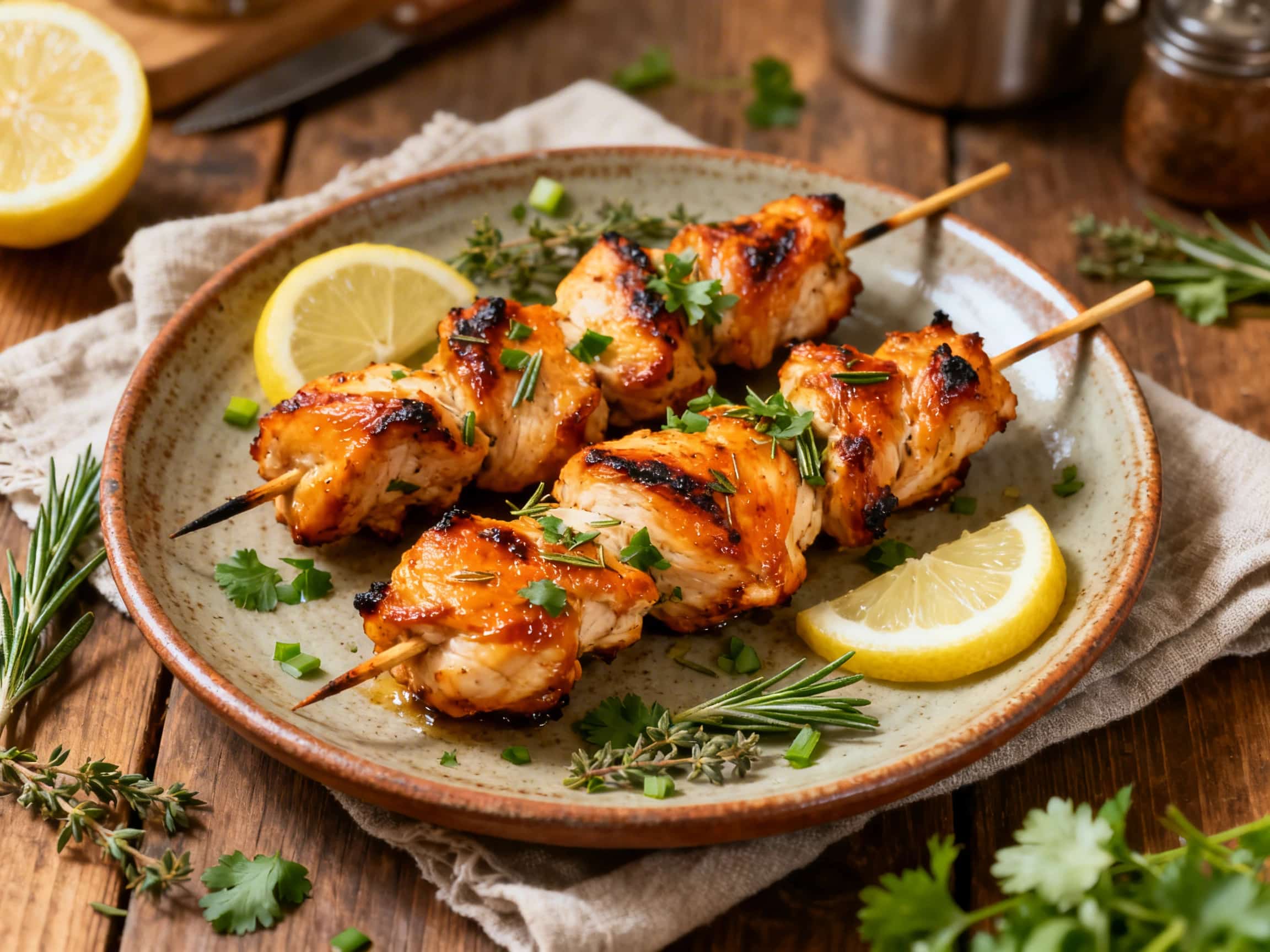 Beautifully arranged golden-brown Mediterranean lemon herb grilled chicken skewers, showcasing tender chicken pieces and colorful bell peppers and red onion with appealing grill marks. The skewers are presented on a rustic wooden platter, adorned with fresh herbs, evoking a sense of freshness and savory delight. The dish appears juicy and well-seasoned, perfect for a Mediterranean-inspired meal, r