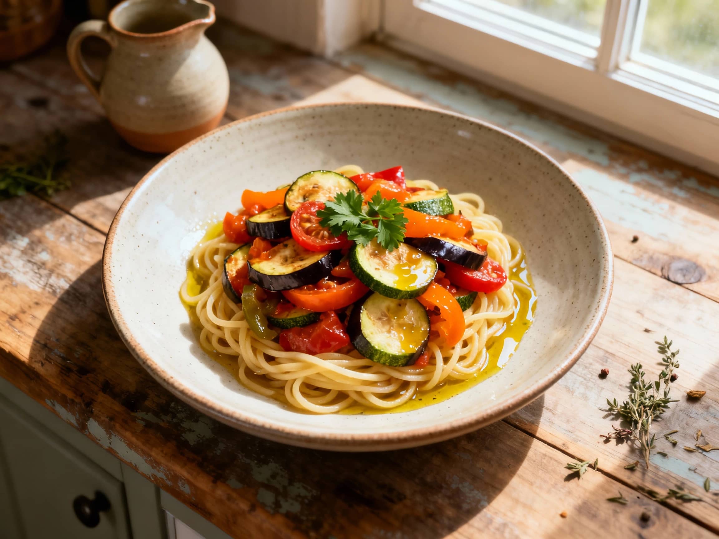 A vibrant bowl of pasta is topped with a colorful medley of tender zucchini, eggplant, bell peppers, and tomatoes, glistening under warm light and garnished with fresh parsley.