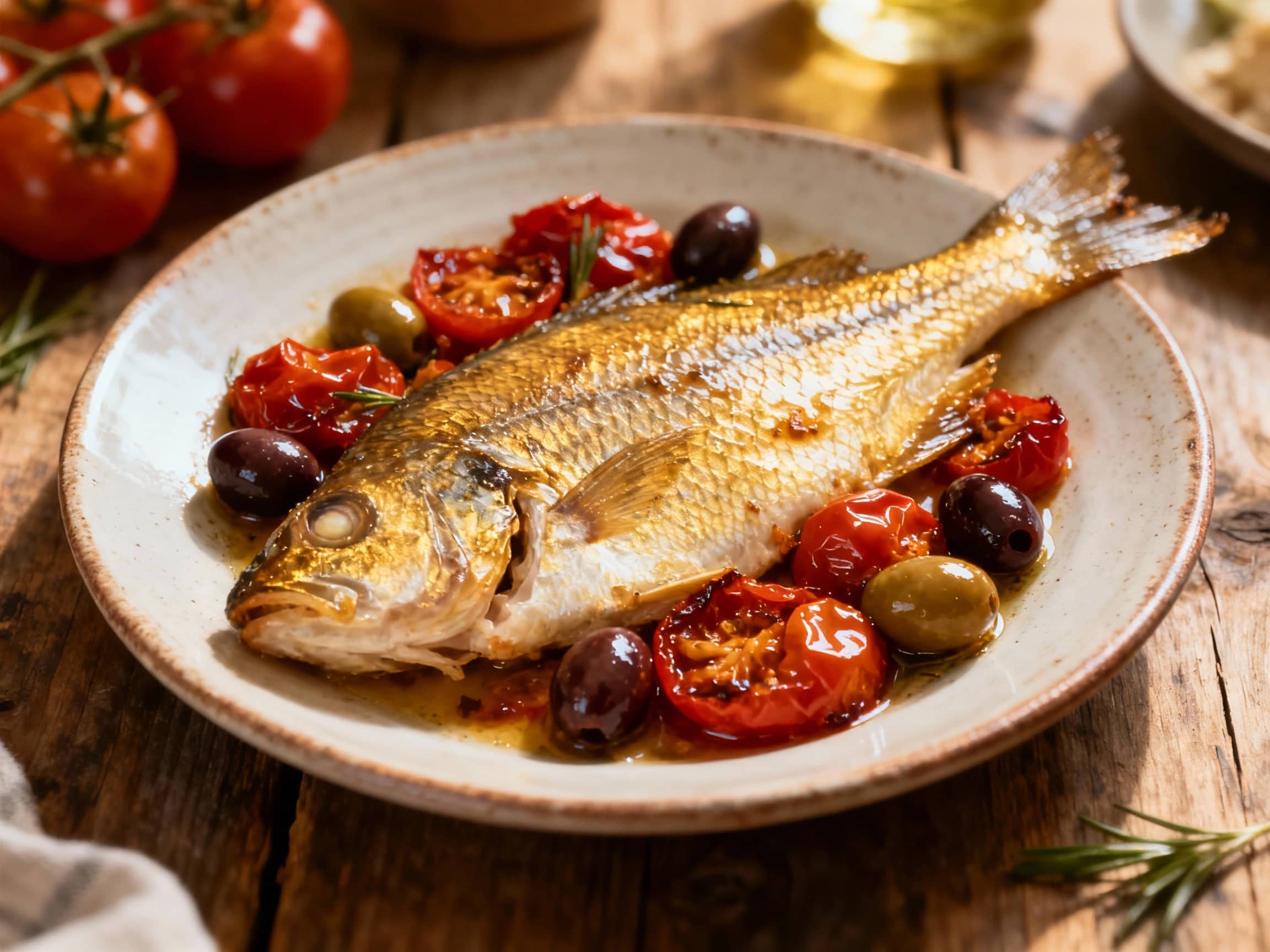 Golden fillets of sole are nestled on a bed of blistered cherry tomatoes and Kalamata olives, glistening under soft light, ready for a delightful Mediterranean meal.