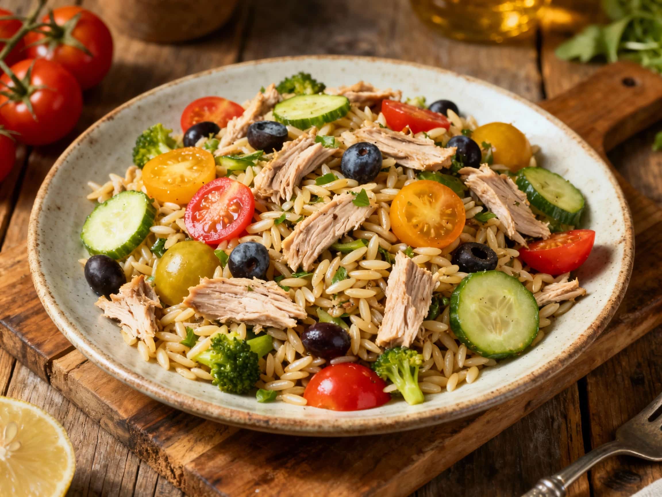 A beautiful Mediterranean Tuna and Orzo Salad is served in a large, light-colored ceramic bowl on a wooden surface. The salad is brimming with a colorful assortment of ingredients, including small rice-shaped orzo pasta, chunks of flaky tuna, bright red halved cherry tomatoes, green diced cucumbers, dark, glossy Kalamata olives, and crumbled white feta cheese. The entire dish appears lightly dress