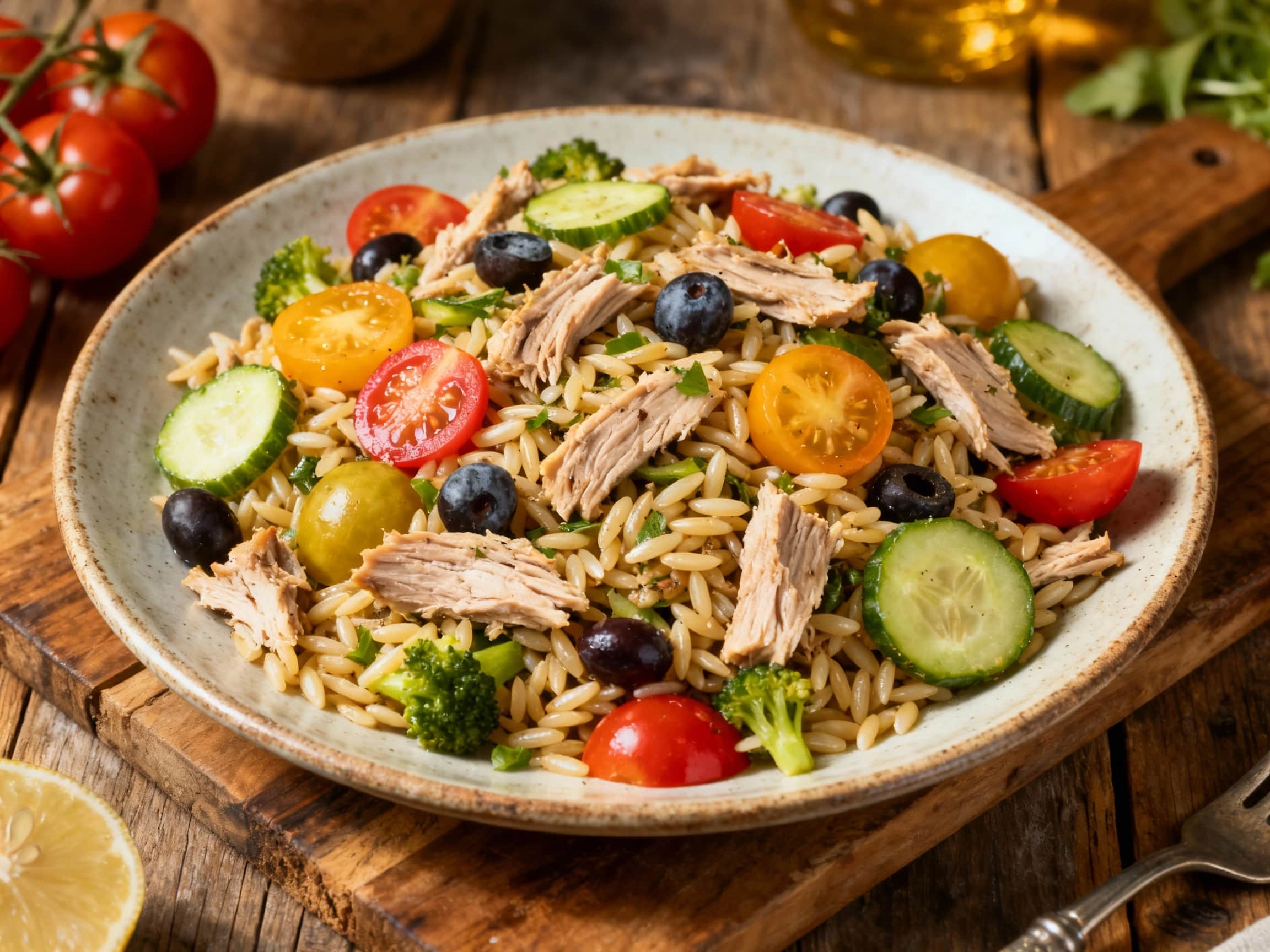 A beautiful Mediterranean Tuna and Orzo Salad is served in a large, light-colored ceramic bowl on a wooden surface. The salad is brimming with a colorful assortment of ingredients, including small rice-shaped orzo pasta, chunks of flaky tuna, bright red halved cherry tomatoes, green diced cucumbers, dark, glossy Kalamata olives, and crumbled white feta cheese. The entire dish appears lightly dress