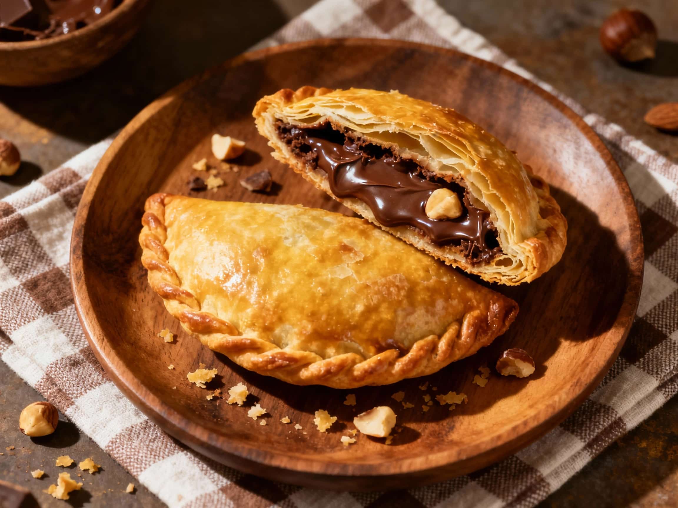 Warm, golden-brown empanadas filled with chocolate and hazelnut sit demurely on a rustic wooden board, dusted with powdered sugar for a touch of indulgence.