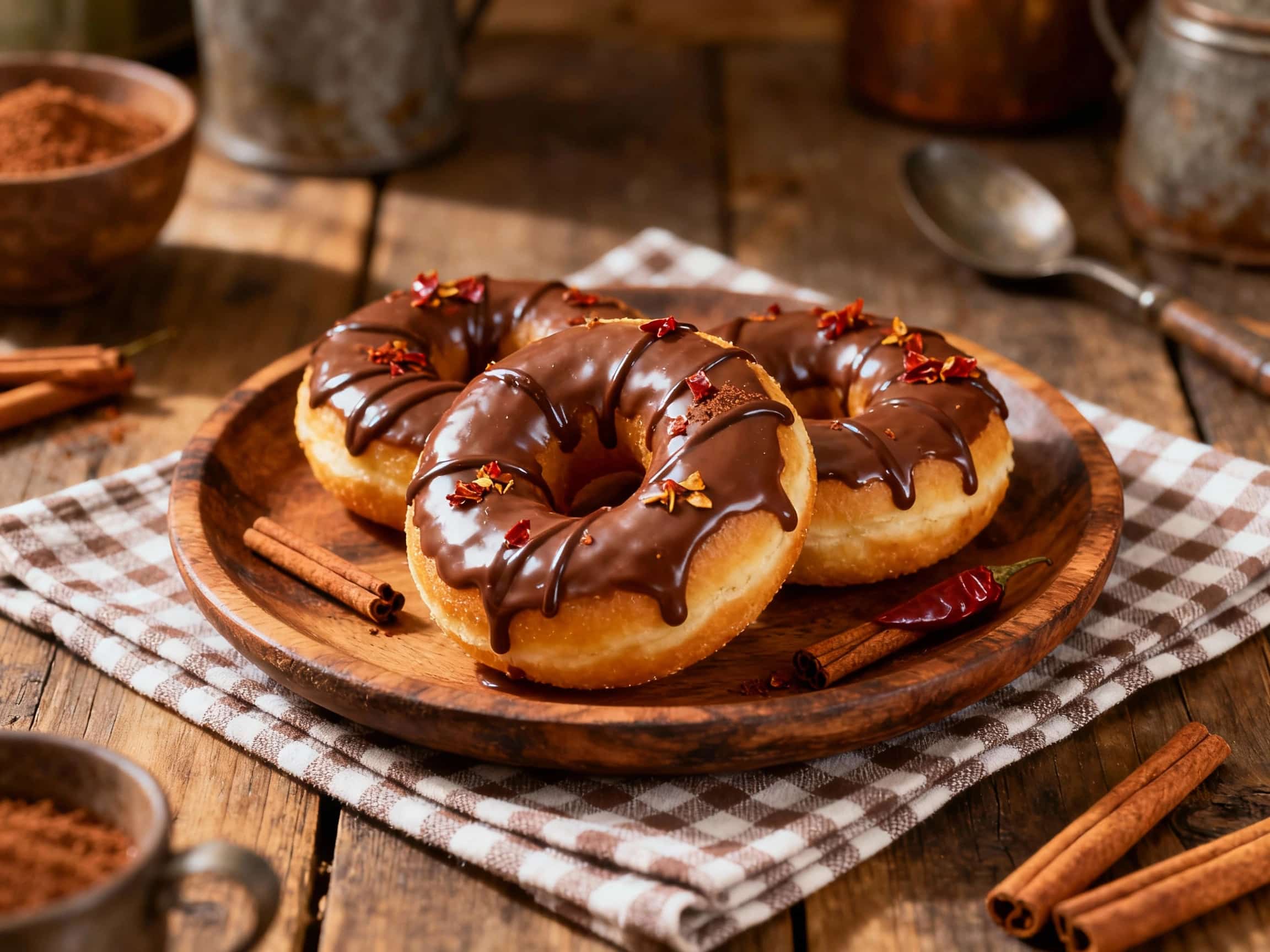 Warm, fluffy Mexican hot chocolate donuts are generously drizzled with a spiced cinnamon glaze and dusted with cocoa powder, invitingly beckoning a bite.