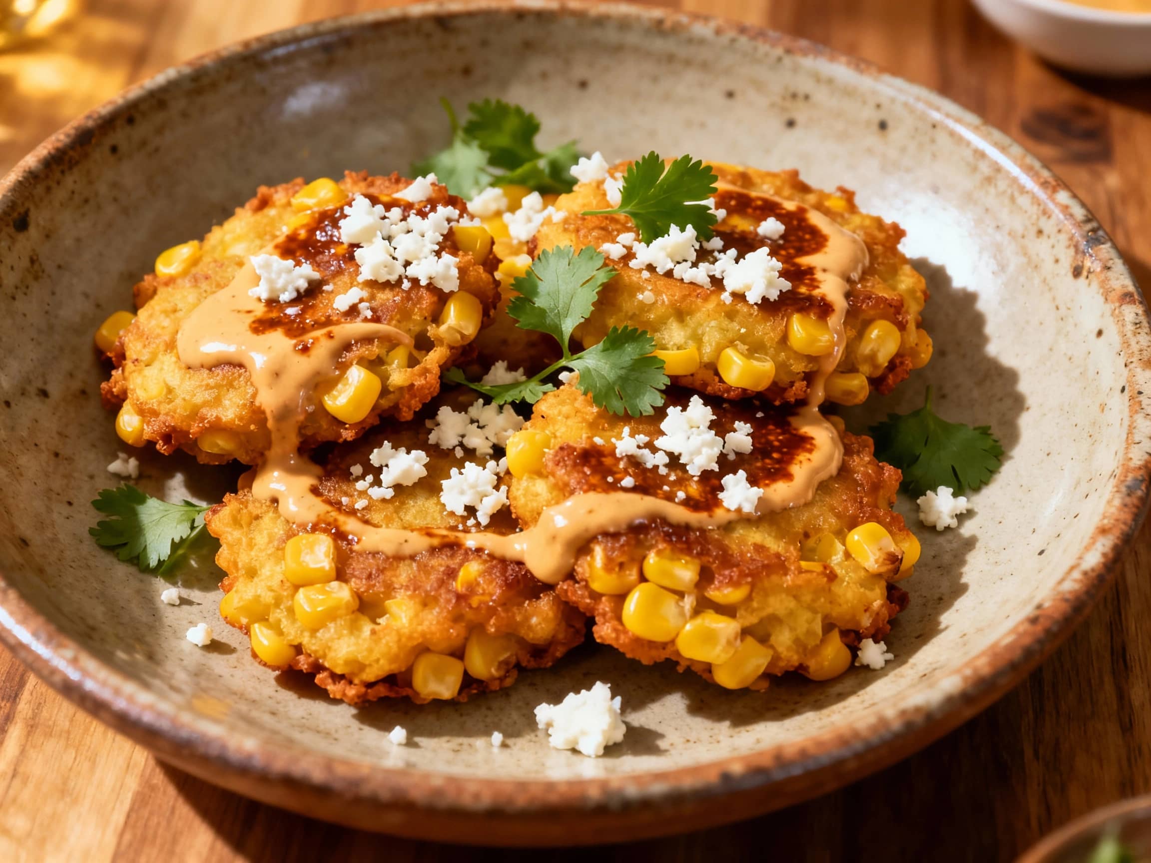 Golden-fried Mexican street corn fritters, lightly dusted with chili powder and topped with a dollop of crema and fresh cilantro, sit piled high on a rustic wooden board.
