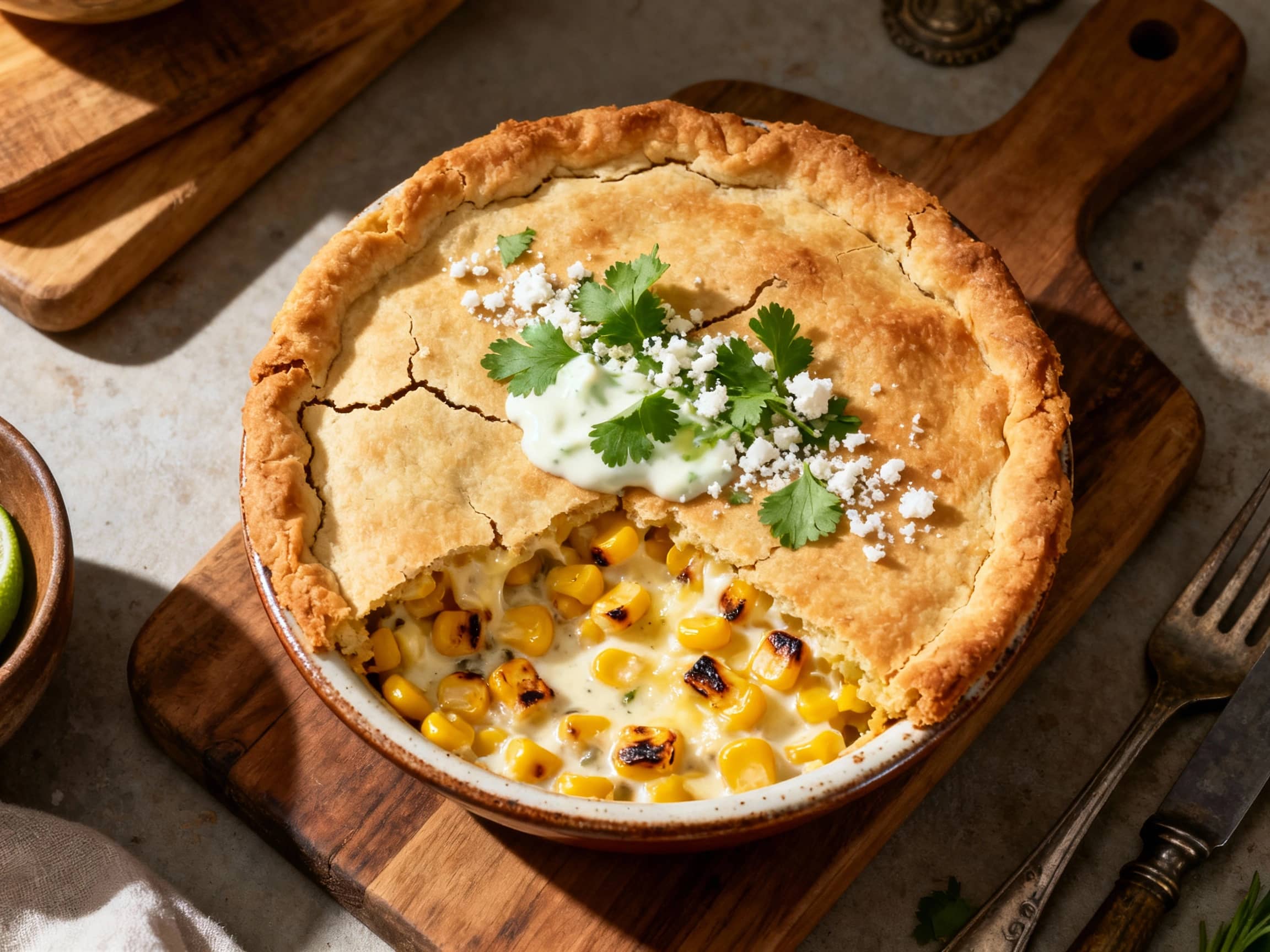 A warm, golden-brown Mexican Street Corn Pot Pie, fresh from the oven, displayed on a rustic wooden board. A slice has been carefully removed, revealing the creamy, flavorful filling of corn and chicken, accented with chipotle peppers. The top crust is flaky and golden, sprinkled with vibrant green cilantro and crumbly white cotija cheese, creating an inviting and visually appealing comfort food d