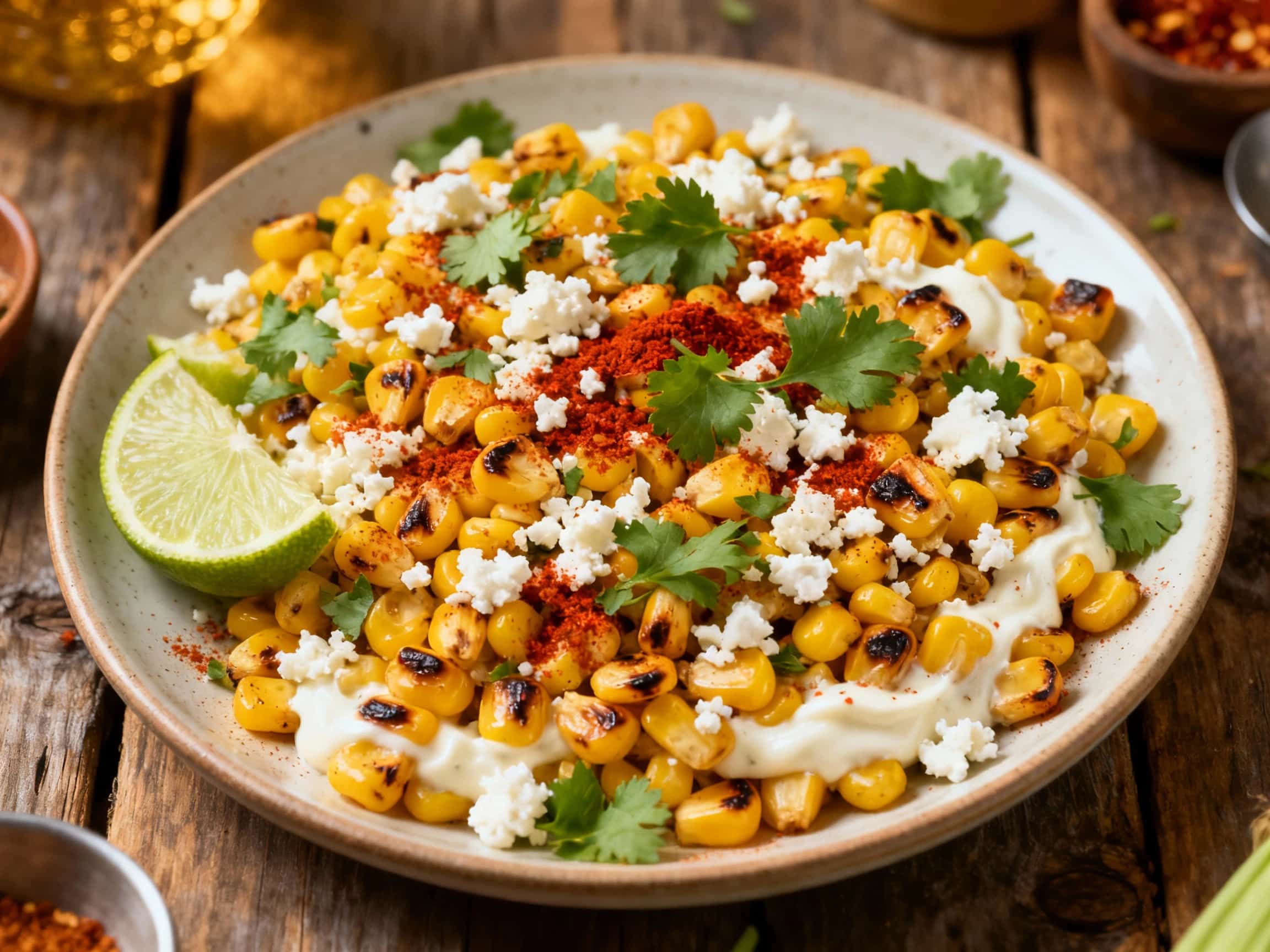 A colorful bowl of Mexican street corn salad, with bright yellow corn kernels, creamy white cotija cheese, and flecks of red chili, is ready to be enjoyed.
