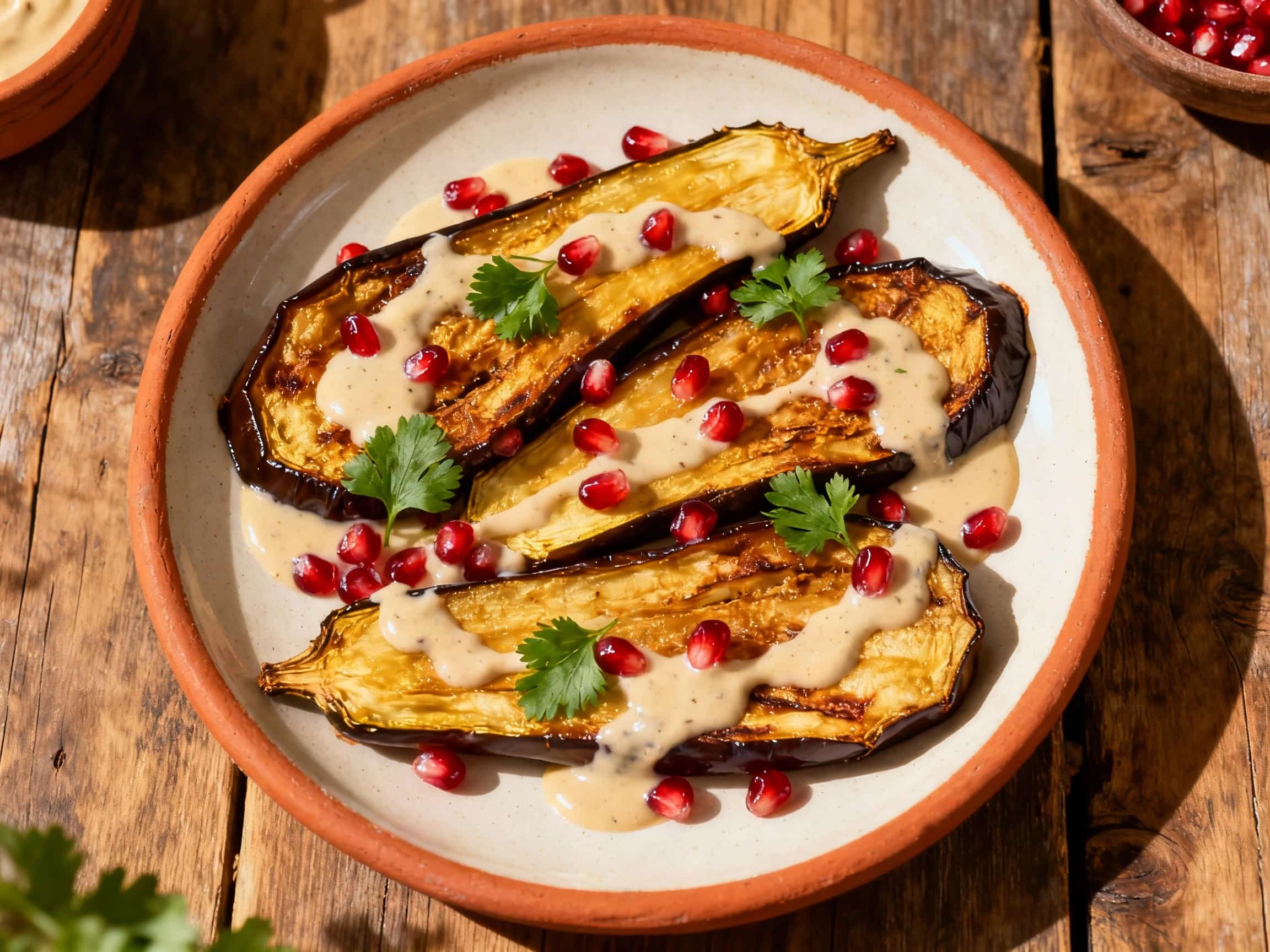 A whole roasted eggplant sits in a rustic bowl, generously drizzled with creamy tahini sauce and sprinkled with vibrant pomegranate seeds and fresh parsley.
