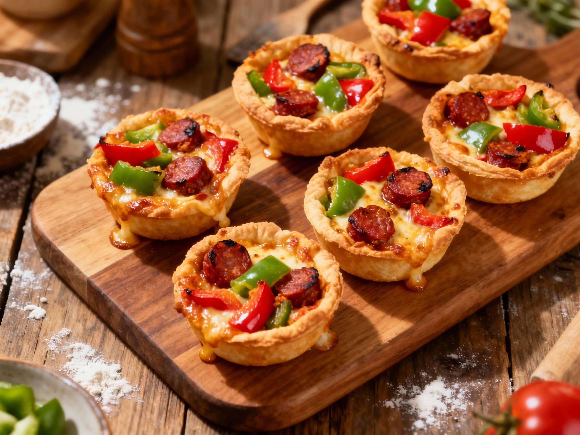 Golden-brown, bite-sized tarts filled with savory chorizo, sweet bell peppers, and melty cheese, glistening under warm light.