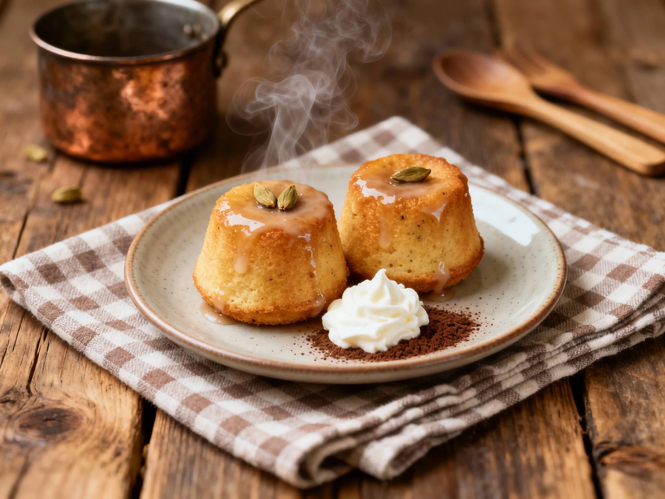Golden mini coffee babas, glistening with syrup and dusted with powdered sugar, are artfully arranged on a white cake stand, creating a festive and elegant dessert presentation.