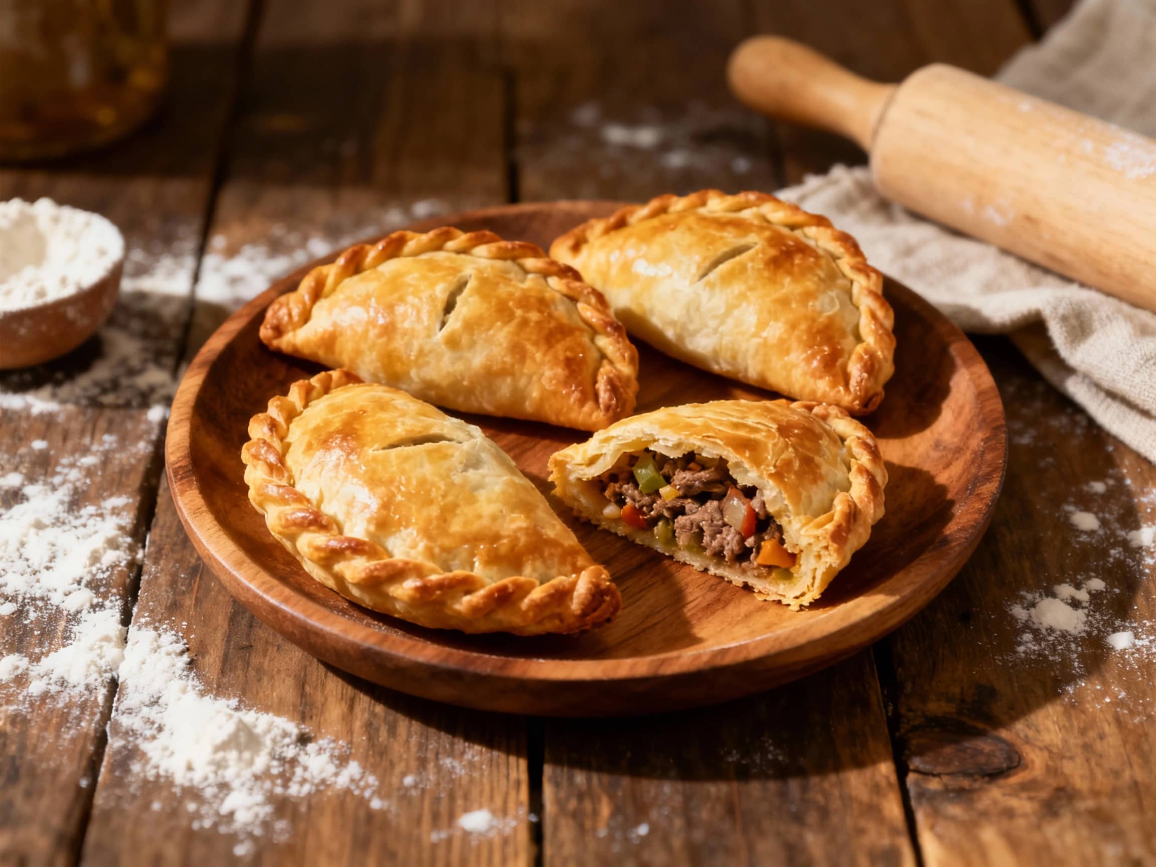 Golden-brown, miniature Cornish pasties with flaky crusts are artfully arranged on a rustic wooden board, ready to be enjoyed as tempting appetizers.