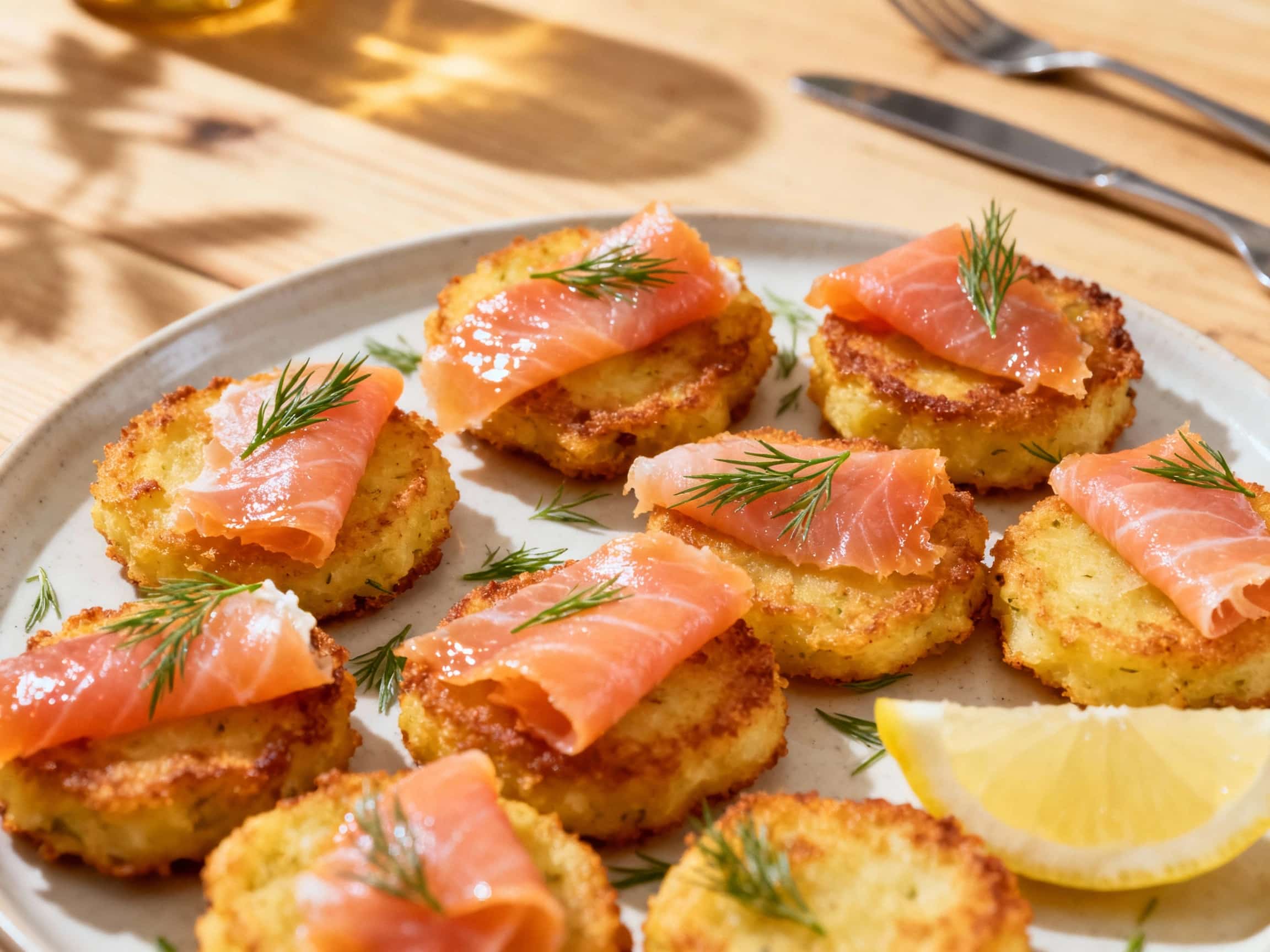Golden brown, crispy potato pancake bites topped with a dollop of crème fraîche and a curl of vibrant pink smoked salmon, artfully arranged on a white plate for a festive appetizer.