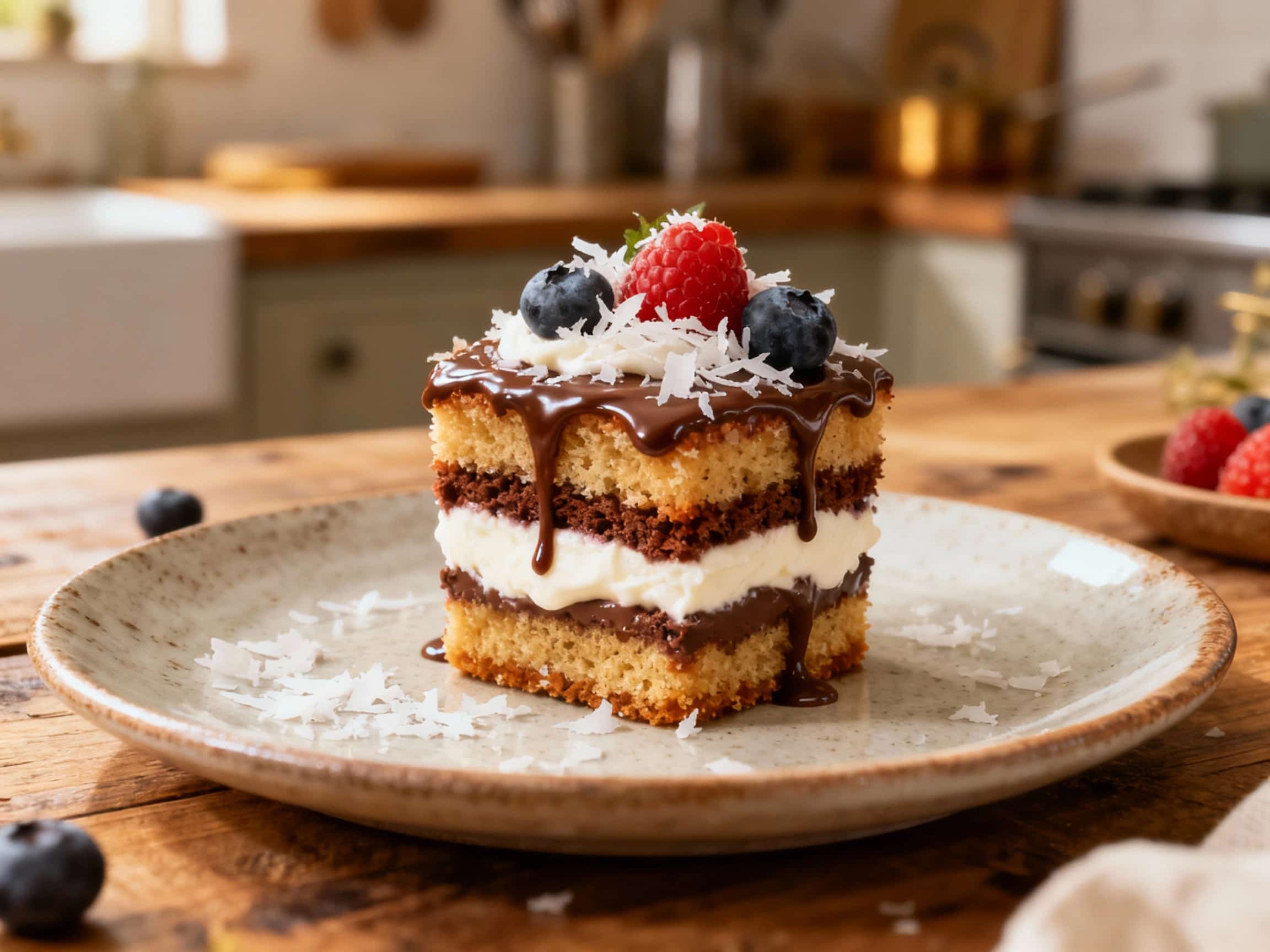 Fluffy mini lamingtons mingle with dark chocolate custard and fresh whipped cream in charming glasses, topped with sprinkles for a delightful dessert.