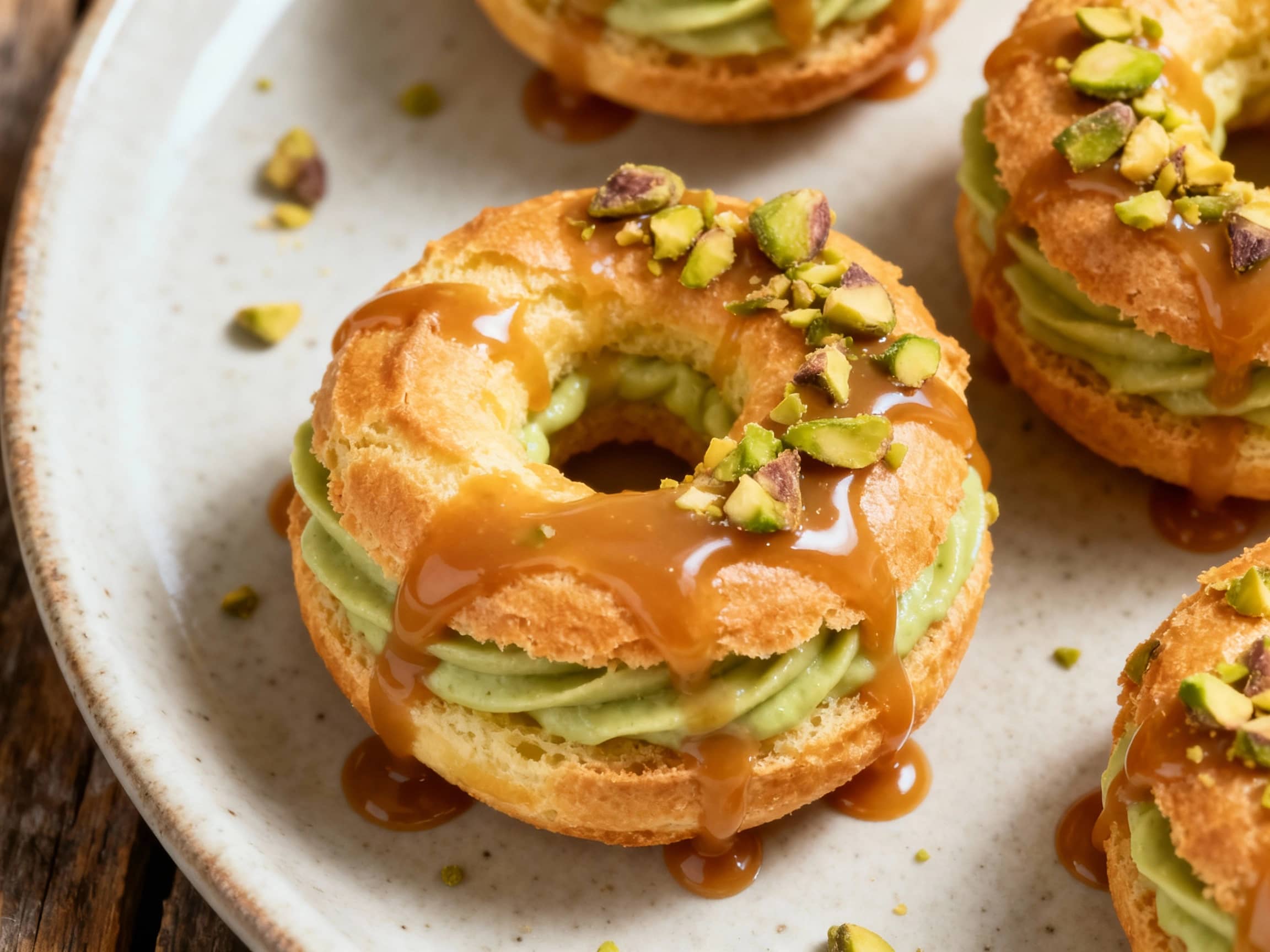 Delicate choux pastry rings, glazed with a shimmering pistachio caramel, are artfully arranged and dusted with chopped pistachios for a charming dessert presentation.