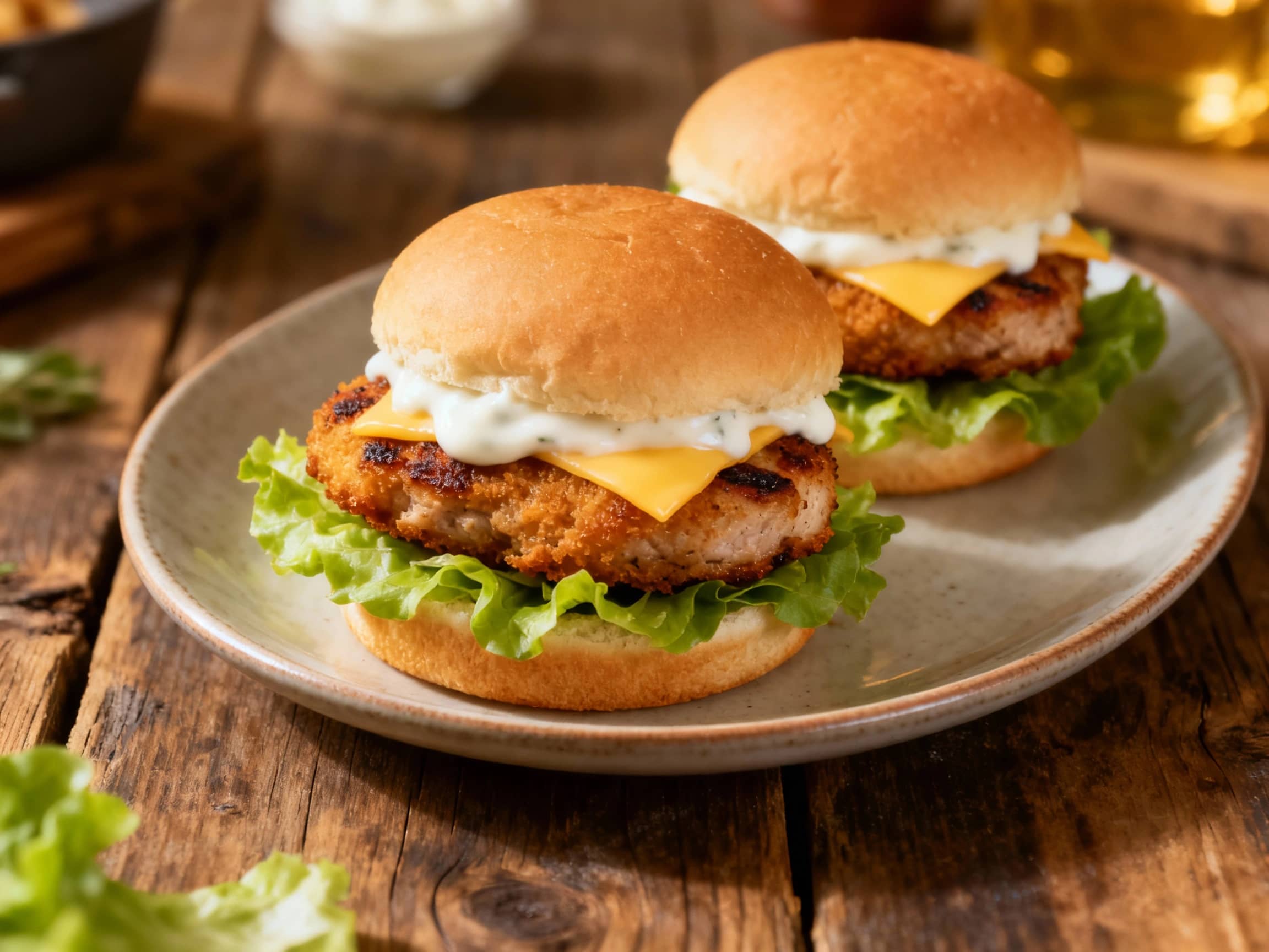 Miniature Pork Cutlet Sliders, inspired by Polish Kotlet Schabowy, are presented on a wooden serving board. Each slider features a crispy, golden-brown pork cutlet in a soft bun, topped with horseradish cream and dill, showcasing a delicious appetizer or party snack.