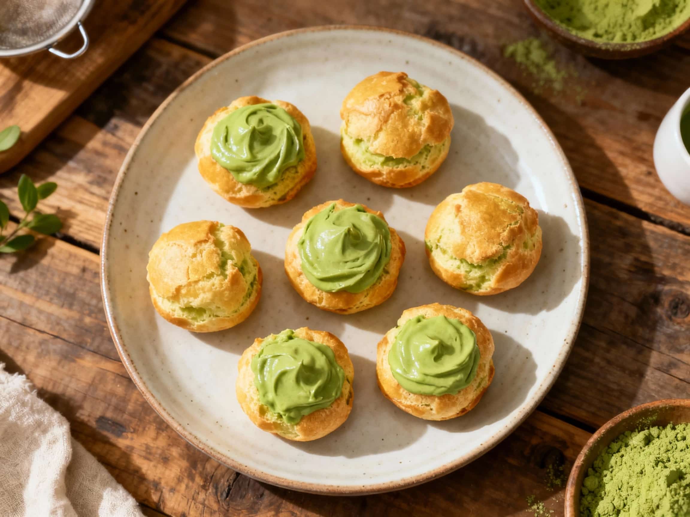 Delicate, golden mini cream puffs are artfully piled and filled with a vibrant, emerald matcha green tea cream, dusted with a whisper of powdered sugar for a sophisticated dessert.