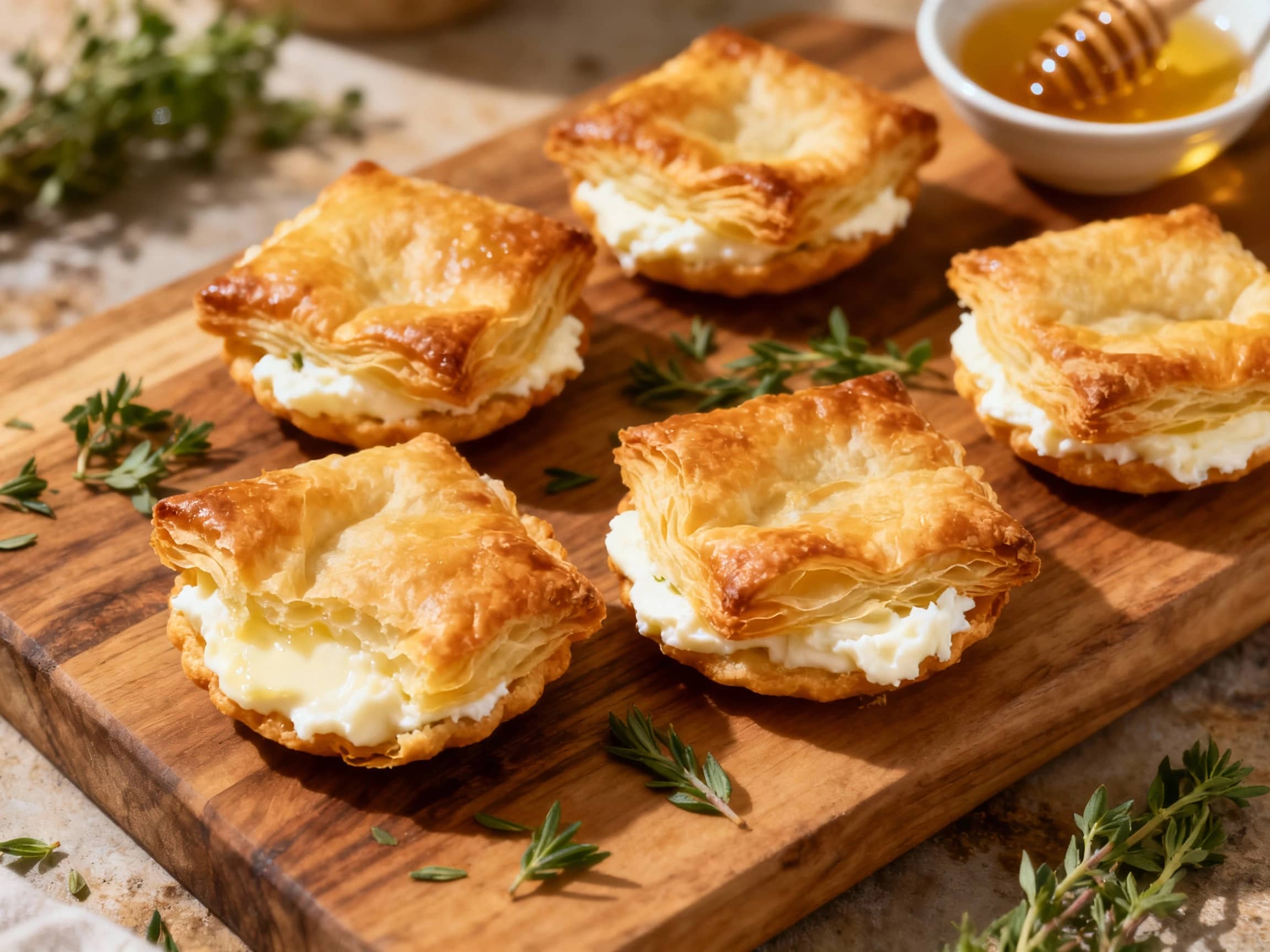 Golden-brown, flaky ricotta pastizzi finger sandwiches are arranged in a rustic terracotta dish, lightly dusted with powdered sugar, ready for a delightful Maltese treat.