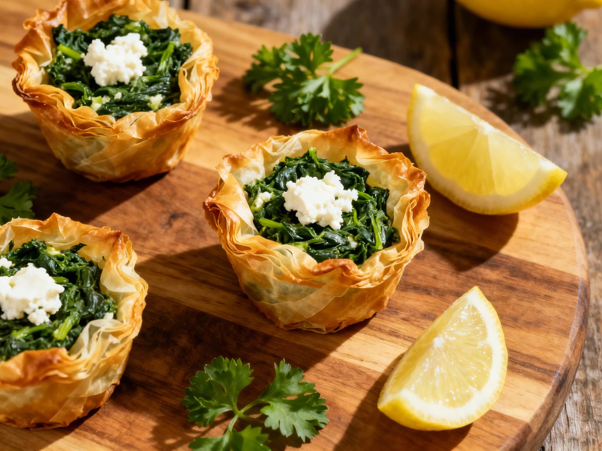 Golden-brown mini spanakopita muffins, baked in a muffin tin and lightly garnished with sesame seeds, sit invitingly on a rustic wooden board.