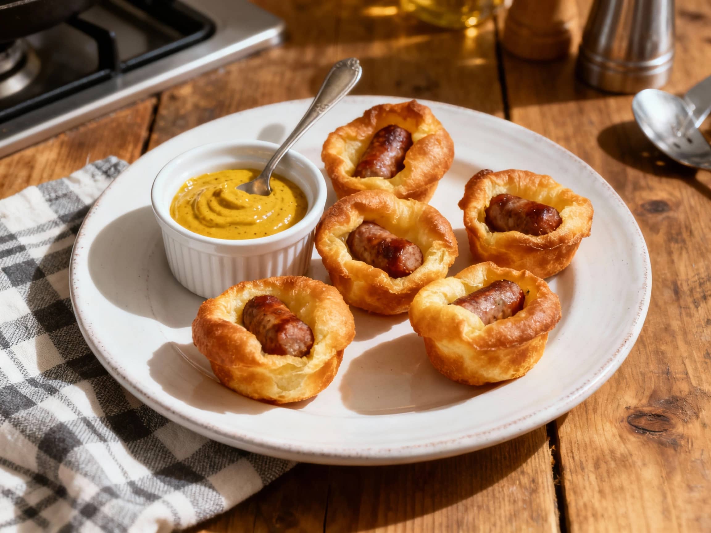 Golden brown mini toad in the hole bites, with sausages peeking out from fluffy Yorkshire pudding batter, are arranged artfully on a platter next to a small bowl of smooth mustard dip.