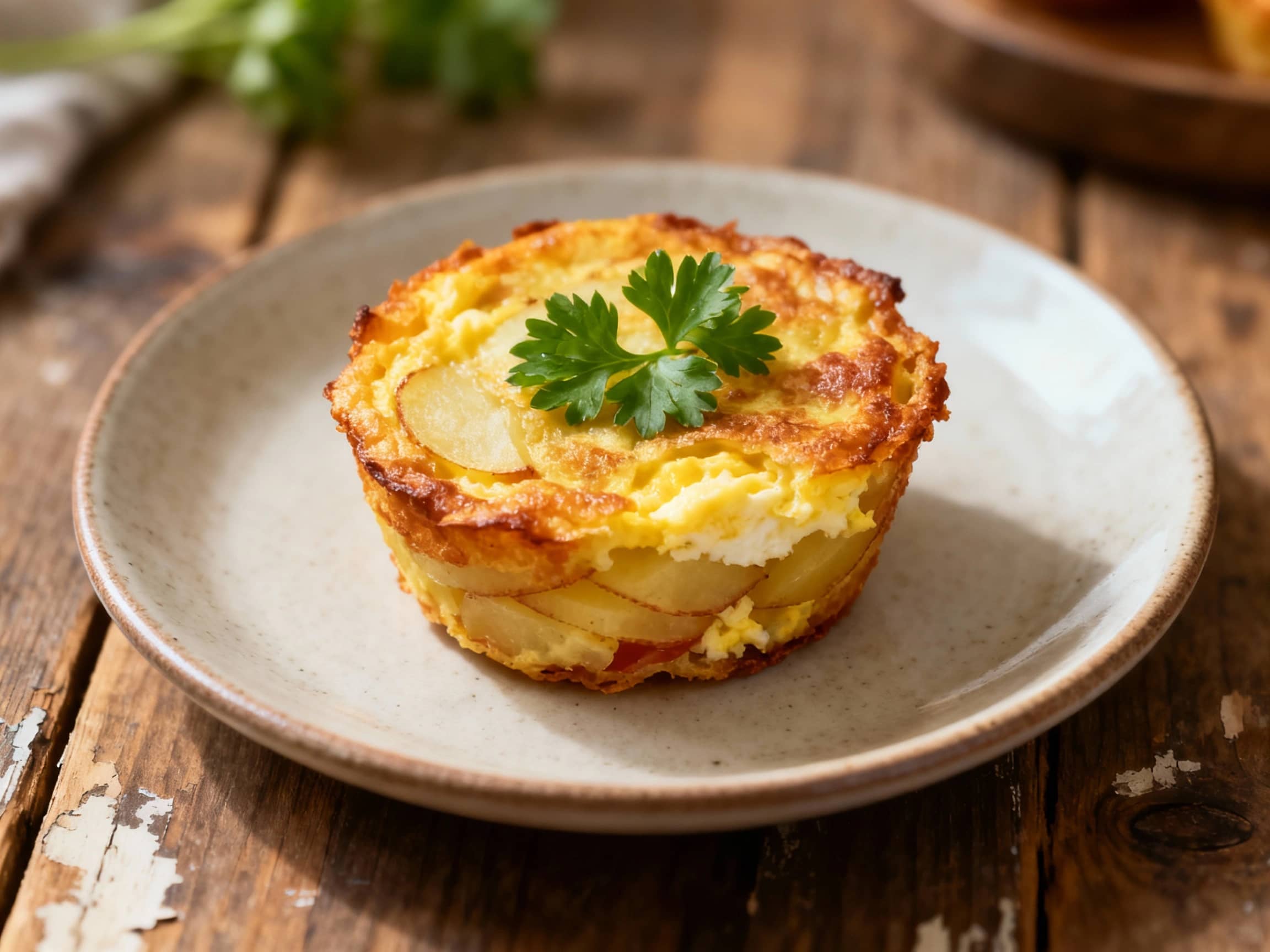 Golden-brown mini tortilla española muffins, baked to perfection in a muffin tin and lightly glistening, sit invitingly on a rustic wooden board, ready to be enjoyed.