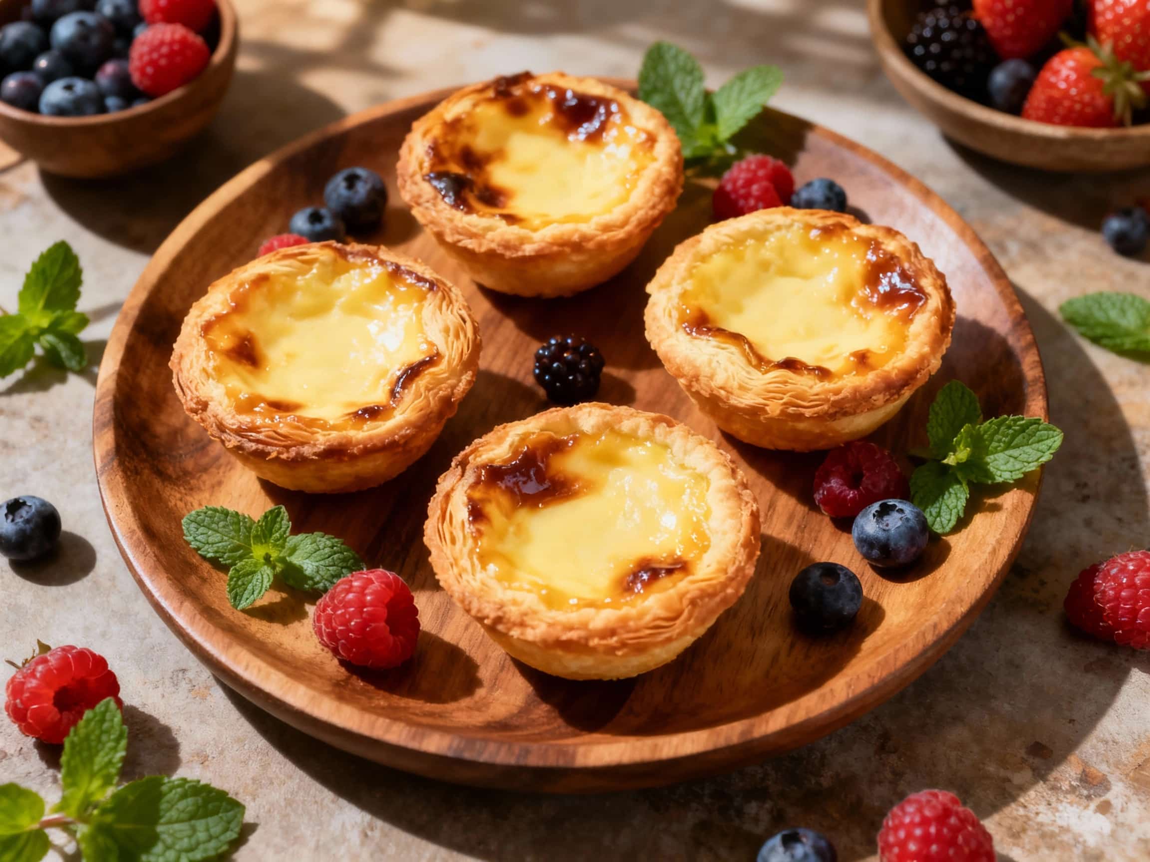 Golden-brown vegan egg tartlets glisten under warm light, their flaky pastry shells filled with creamy custard and topped with a light dusting of cinnamon.