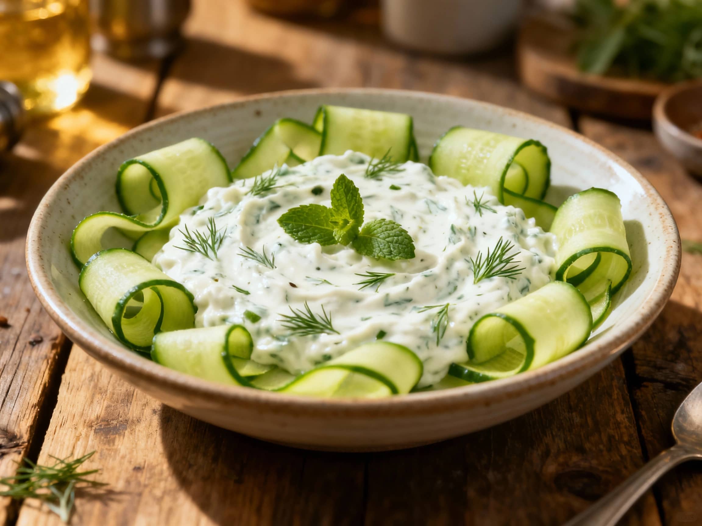A refreshing bowl of creamy tzatziki is generously topped with vibrant green dill and thinly shaved cucumber ribbons, creating an elegant and inviting starter.