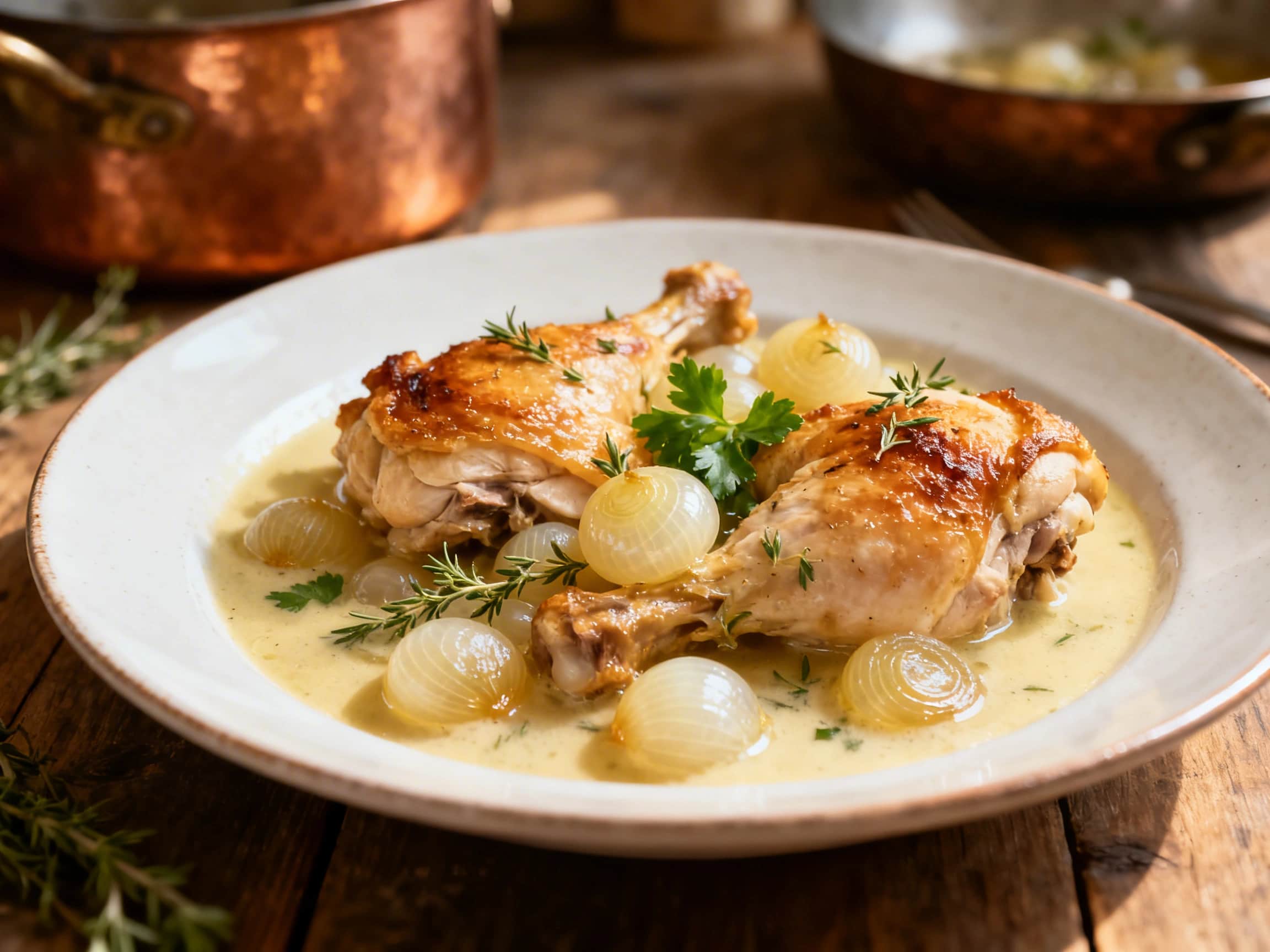 A close-up view of Modern Coq au Vin Blanc served in a rustic ceramic bowl. Tender, golden-brown chicken pieces are nestled in a luxurious, creamy white wine sauce, surrounded by glistening pearl onions and quartered mushrooms. The dish is generously garnished with vibrant fresh parsley and a scattering of crispy lardons. The comforting meal is presented on a warm-toned wooden surface, suggesting