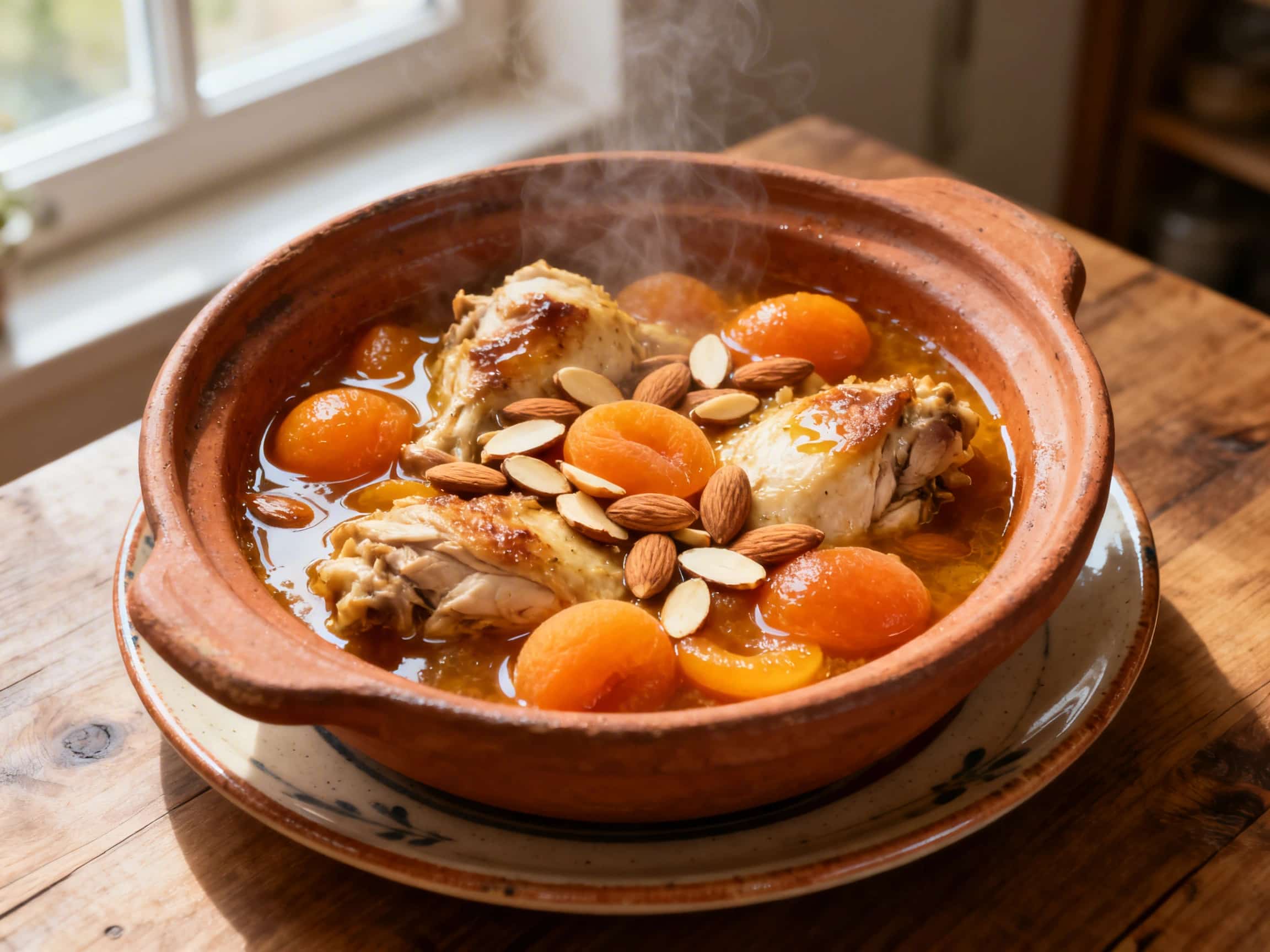 A rustic, steaming tagine brimming with golden Moroccan Chicken Stew. Large, tender chicken pieces are nestled in a rich, aromatic sauce, accompanied by plump, sweet apricots. The stew is beautifully garnished with vibrant green chopped cilantro and a scattering of crunchy slivered almonds, providing a delightful contrast in texture and color. The setting evokes a warm, traditional Moroccan meal,