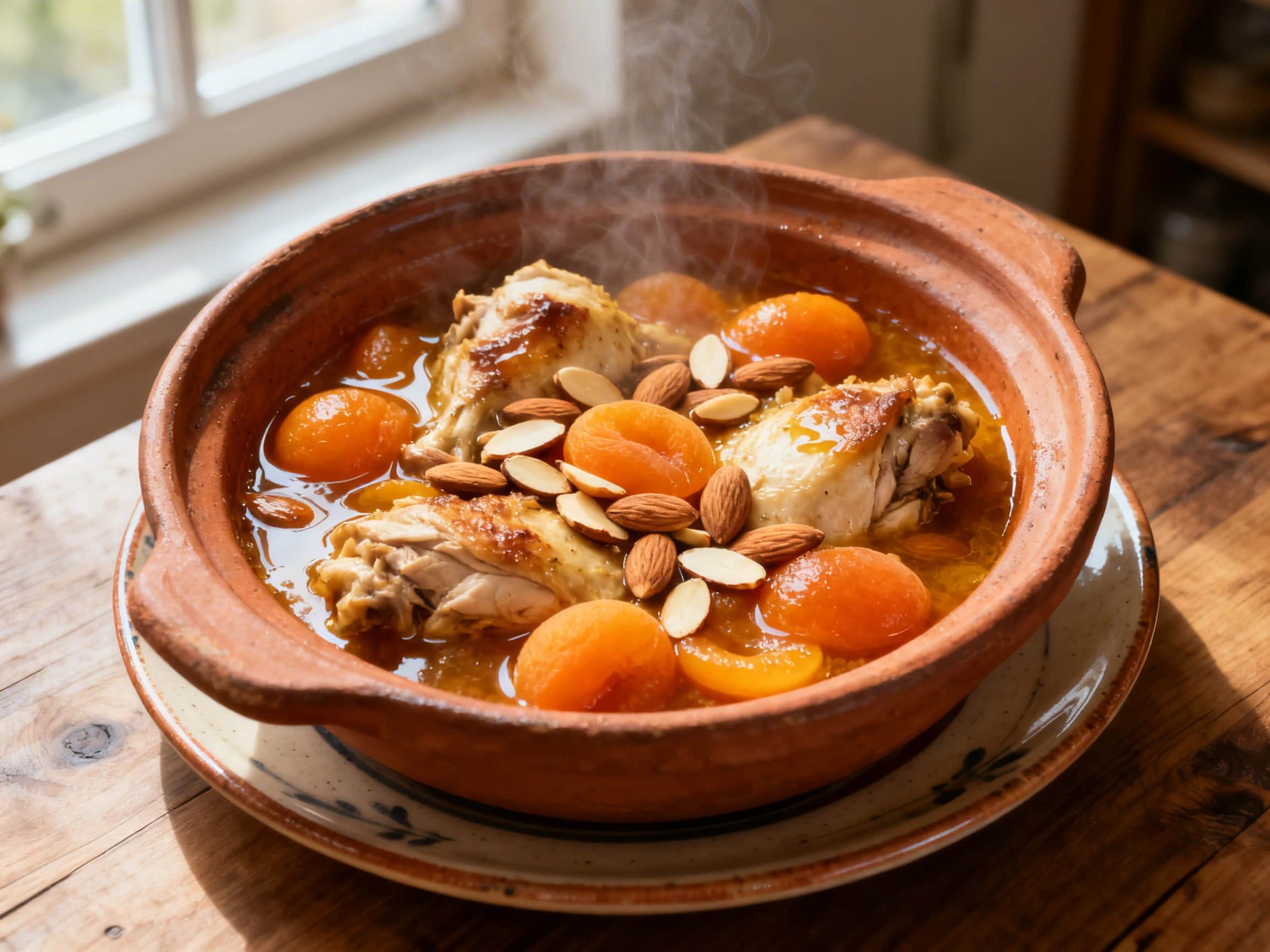 A rustic, steaming tagine brimming with golden Moroccan Chicken Stew. Large, tender chicken pieces are nestled in a rich, aromatic sauce, accompanied by plump, sweet apricots. The stew is beautifully garnished with vibrant green chopped cilantro and a scattering of crunchy slivered almonds, providing a delightful contrast in texture and color. The setting evokes a warm, traditional Moroccan meal,