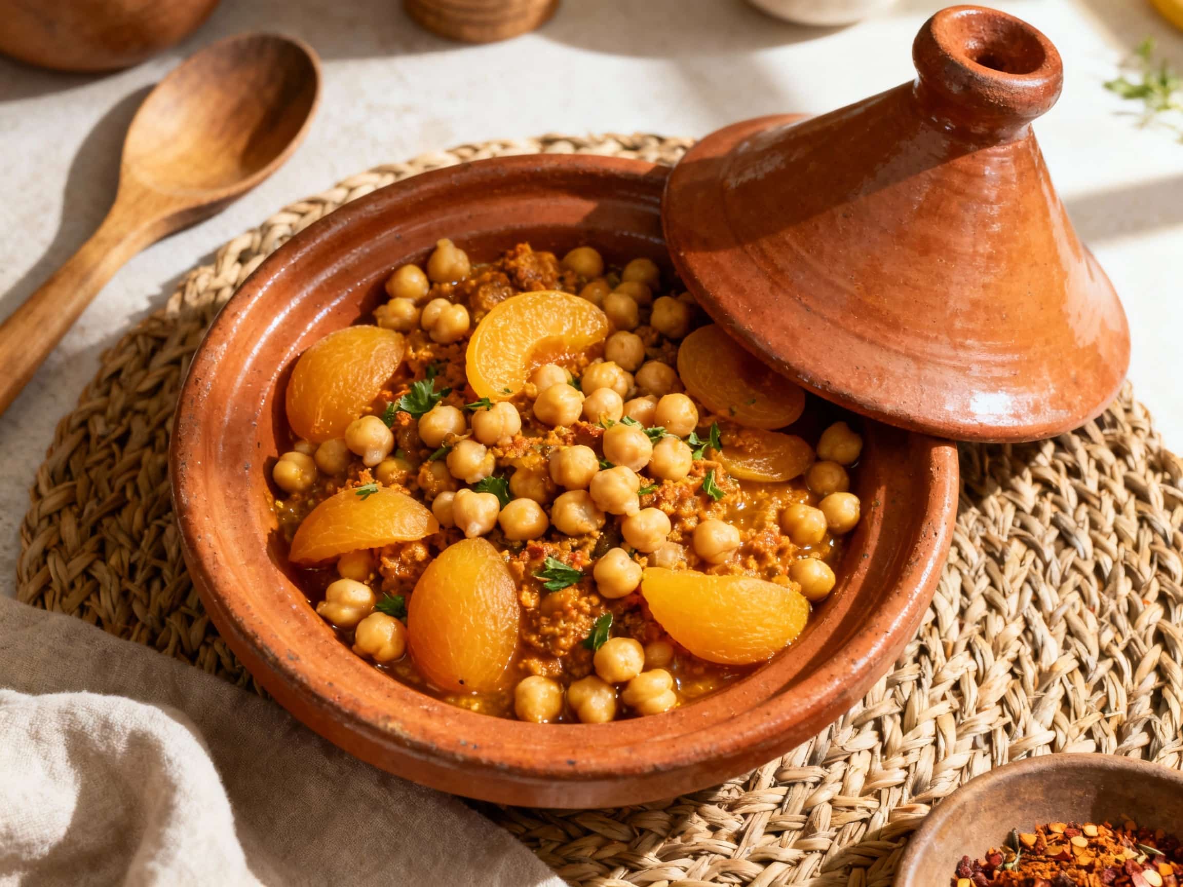 A golden tagine pot overflows with a rich, aromatic stew of chickpeas and sweet apricots, lightly seasoned with warm Moroccan spices. Orange slices and fresh cilantro crown the vibrant dish, promising a flavorful journey.